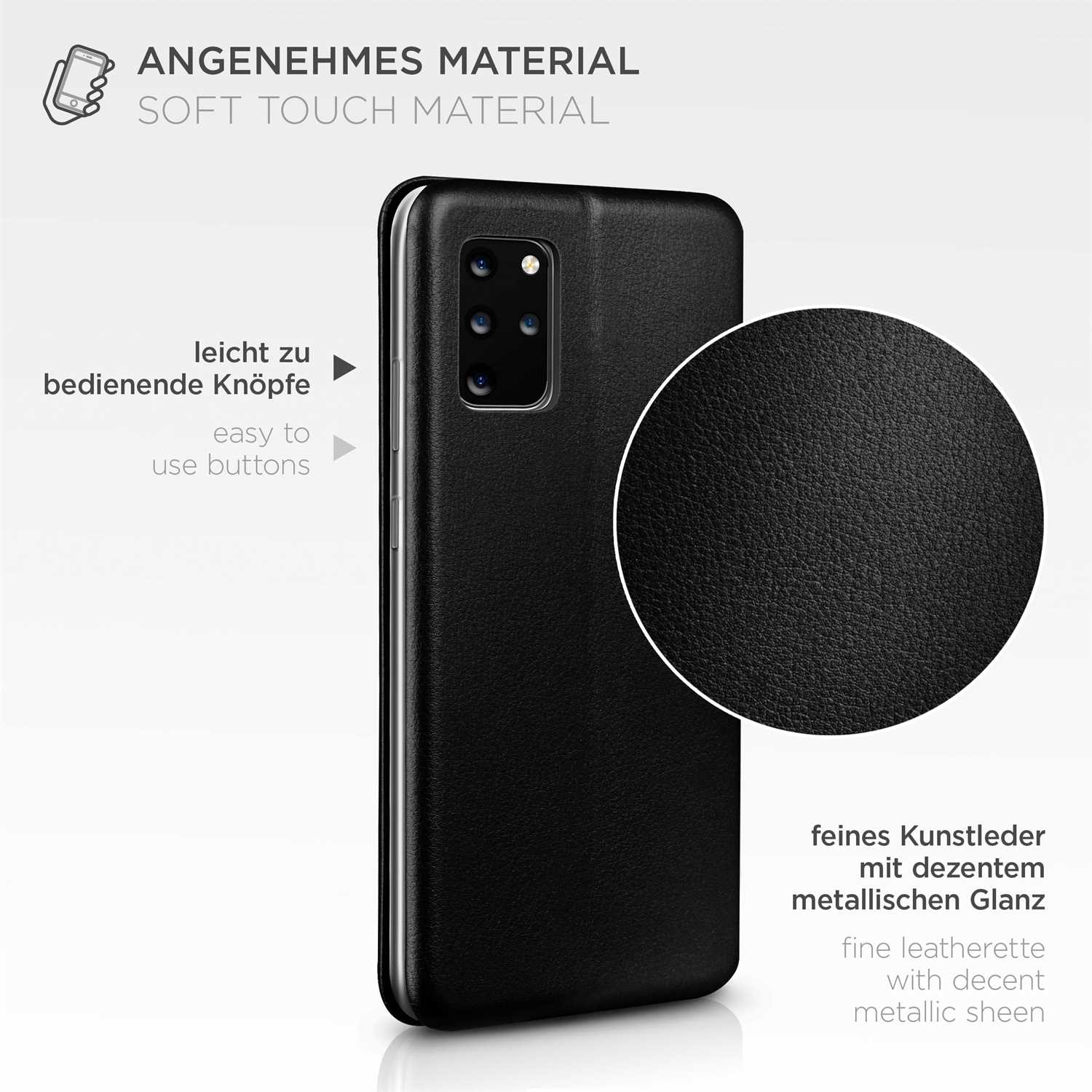 Schwarze Handyhülle mit Nahaufnahme, die Textur und Text zeigt: Angenehmes Material, Soft touch material.