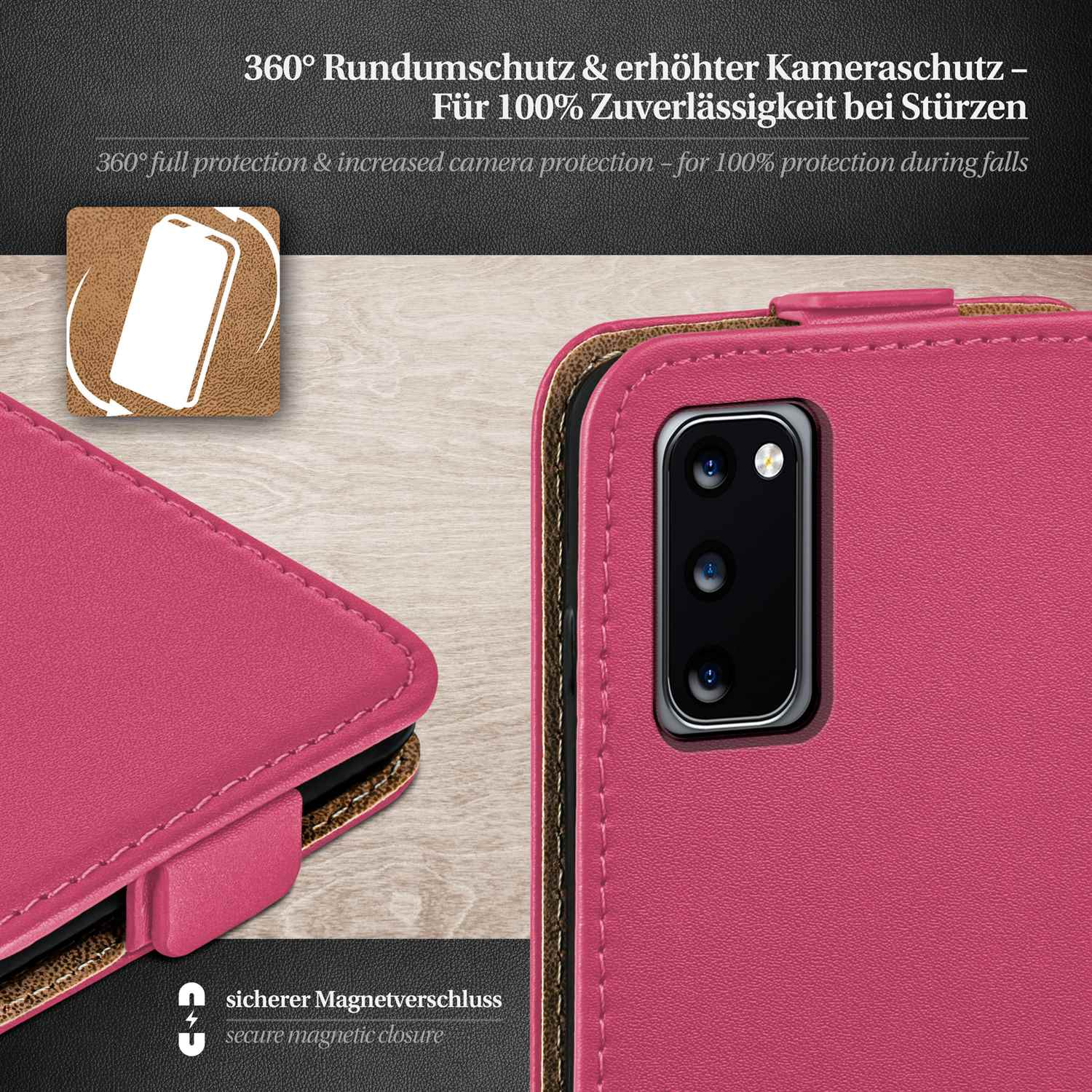 Eine rosa Handyhülle mit Magnetverschluss und Textetiketten auf dunklem Hintergrund.