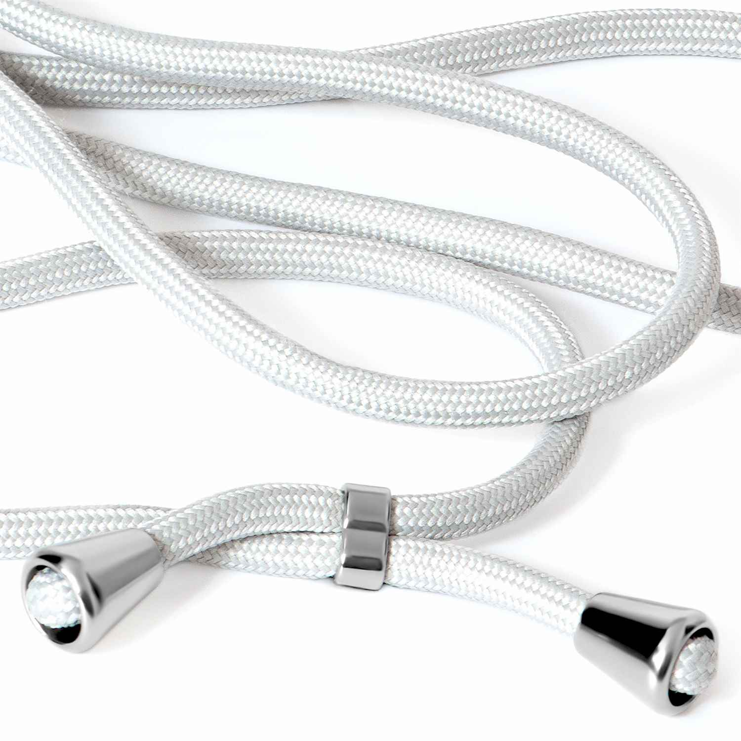Nahaufnahme eines weißen Telefon-Lanyards. Es ist verdreht, mit silbernen Akzenten an den Enden.