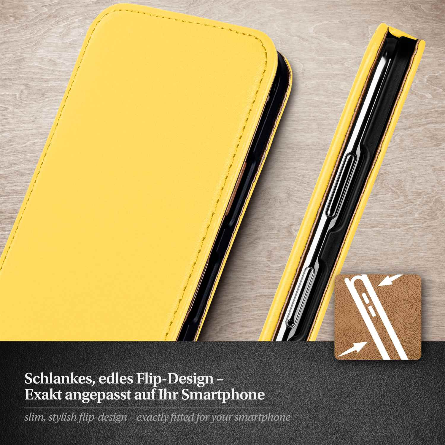 Gelbe Handyhülle mit schwarzem Innenraum, geöffnet, um das Telefon zu zeigen.