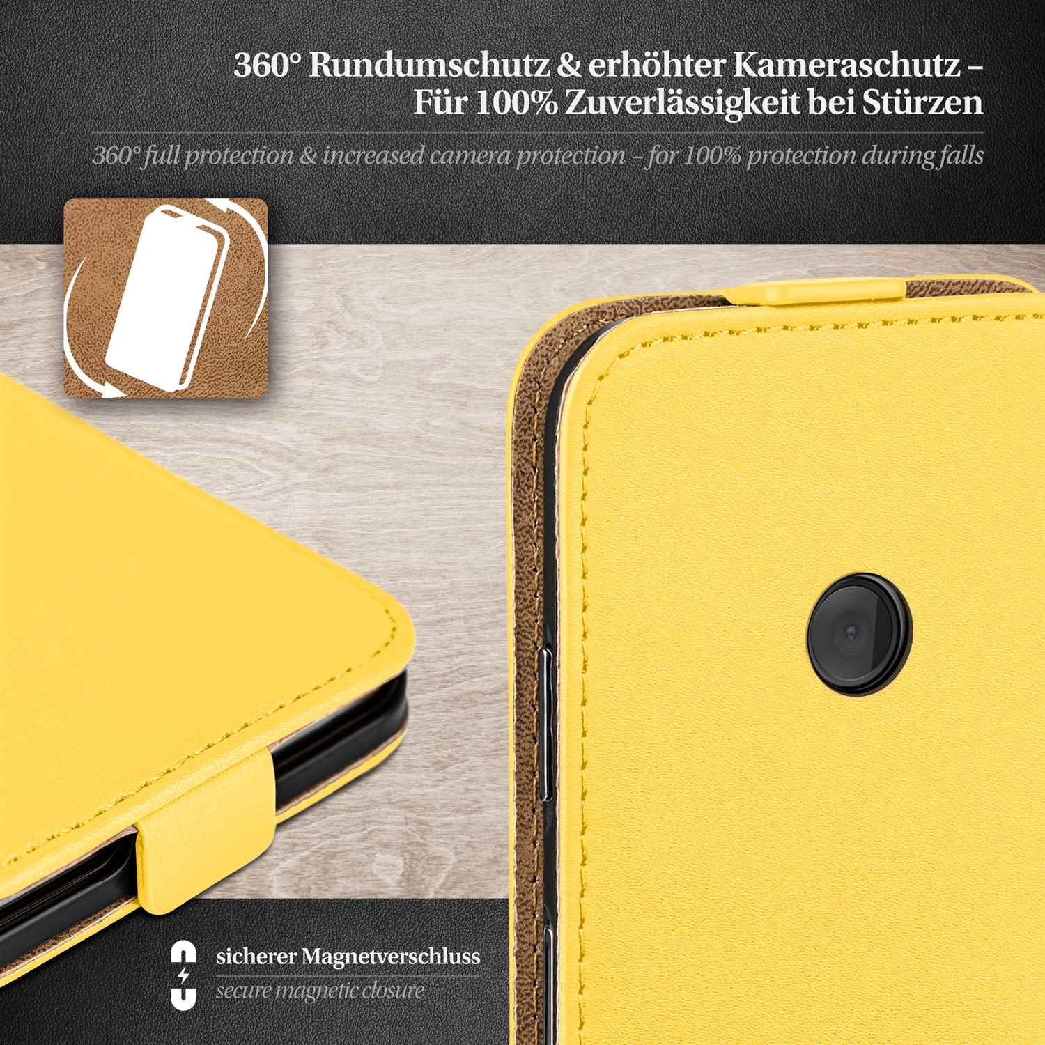 Eine gelbe Handyhülle mit gelbem Deckel. Text: 360° Rundumschutz und erhöhter Kameraschutz.