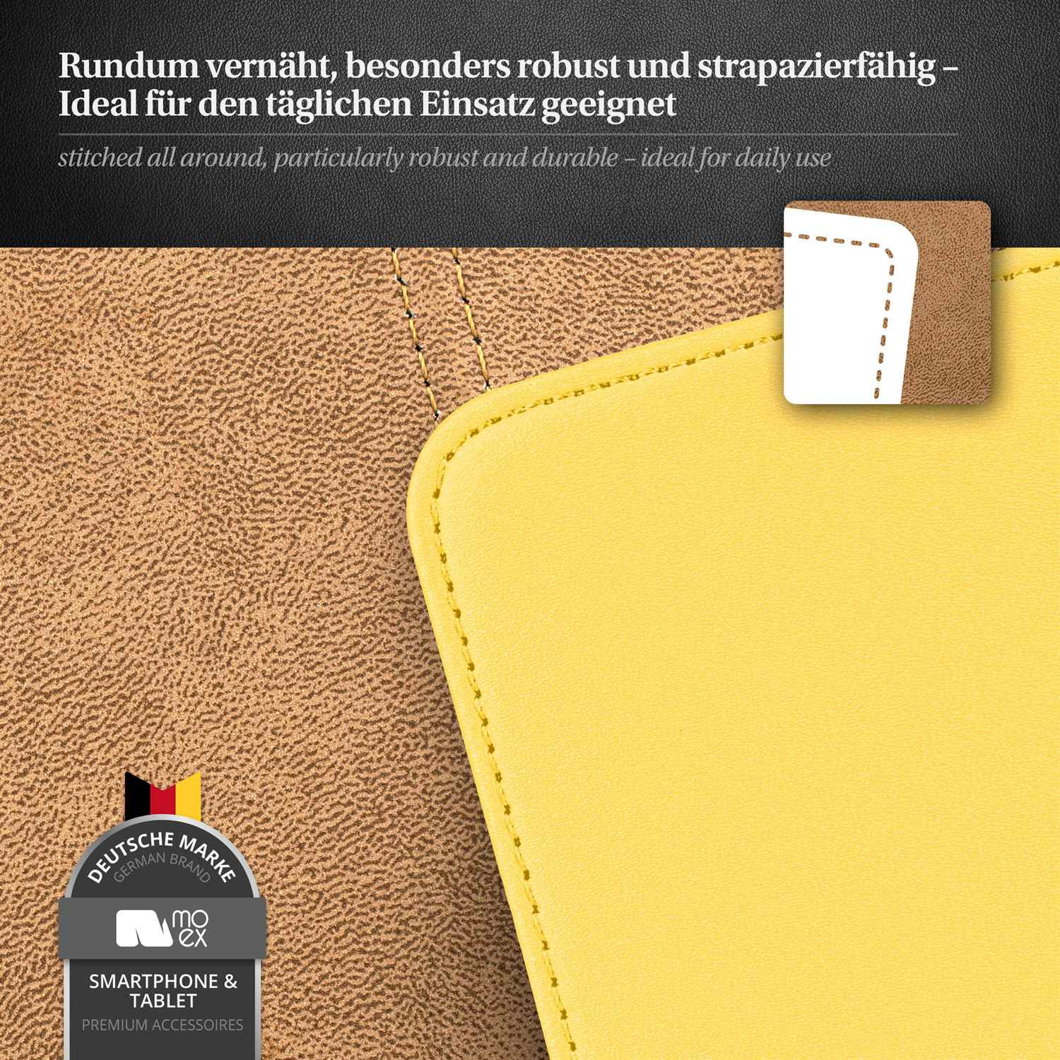 Nahaufnahme einer Handyhülle. Hülle gelb und braun, mit Nähten. Text hebt Haltbarkeit hervor.