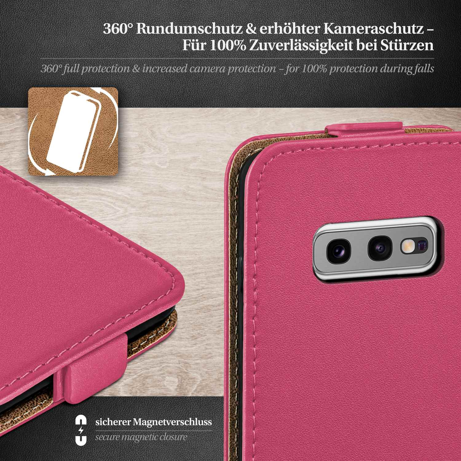 Eine rosa Handyhülle mit geöffnetem Deckel, die Kamera des Telefons zeigend, mit Text über Schutz.