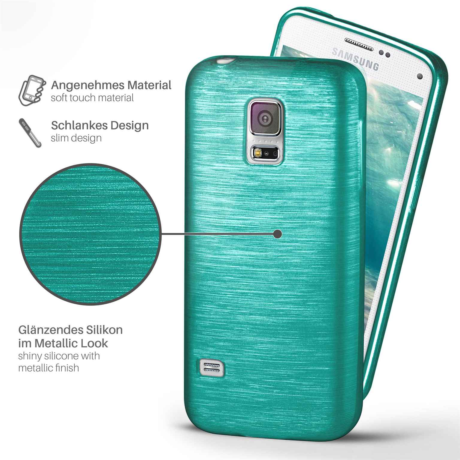 Türkisfarbene Handyhülle mit strukturiertem Design. Das Telefon befindet sich auf weißem Hintergrund.