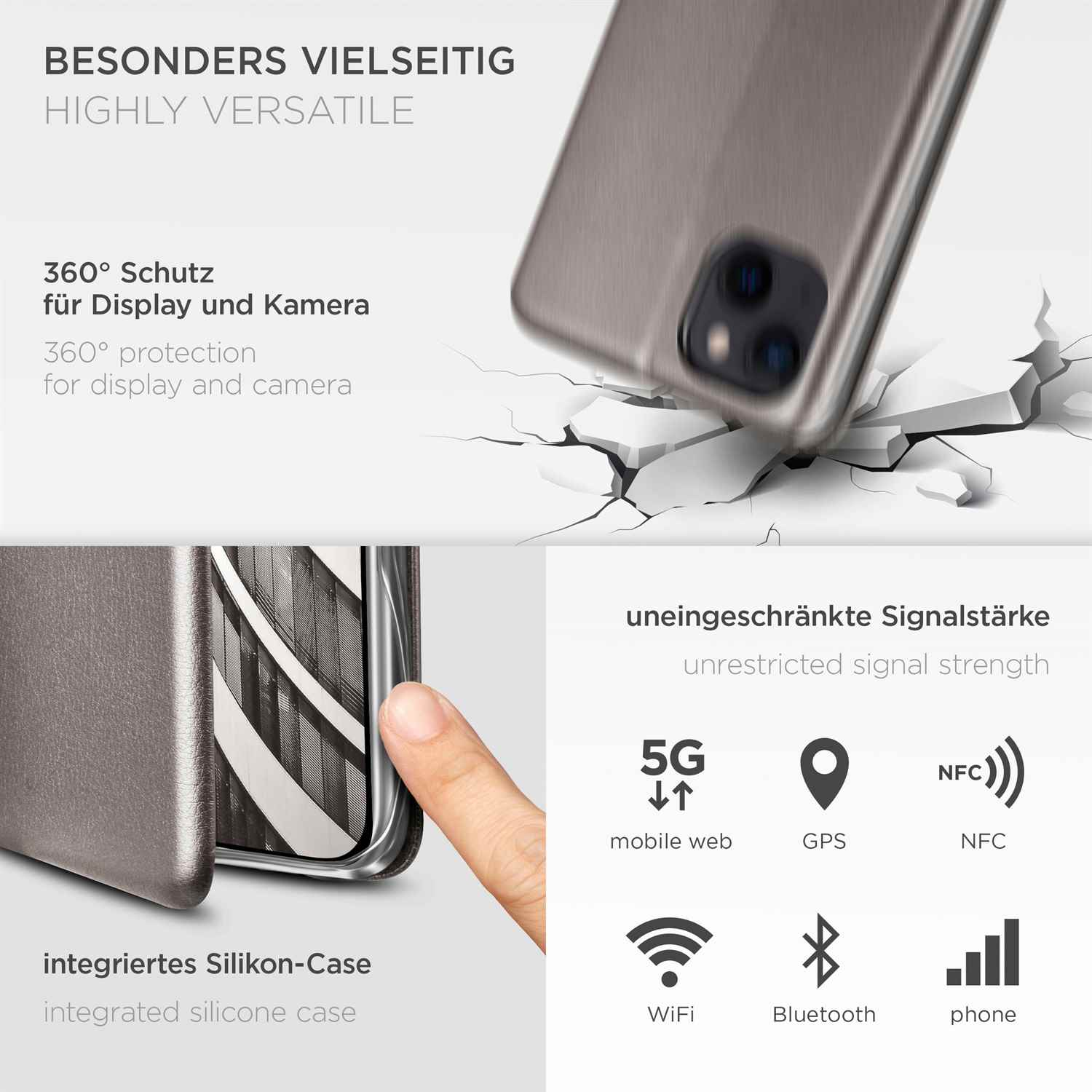 Handyhülle mit Illustrationen und Text, die Funktionen wie 5G, WiFi und NFC zeigen. Rissiger Bodeneffekt.