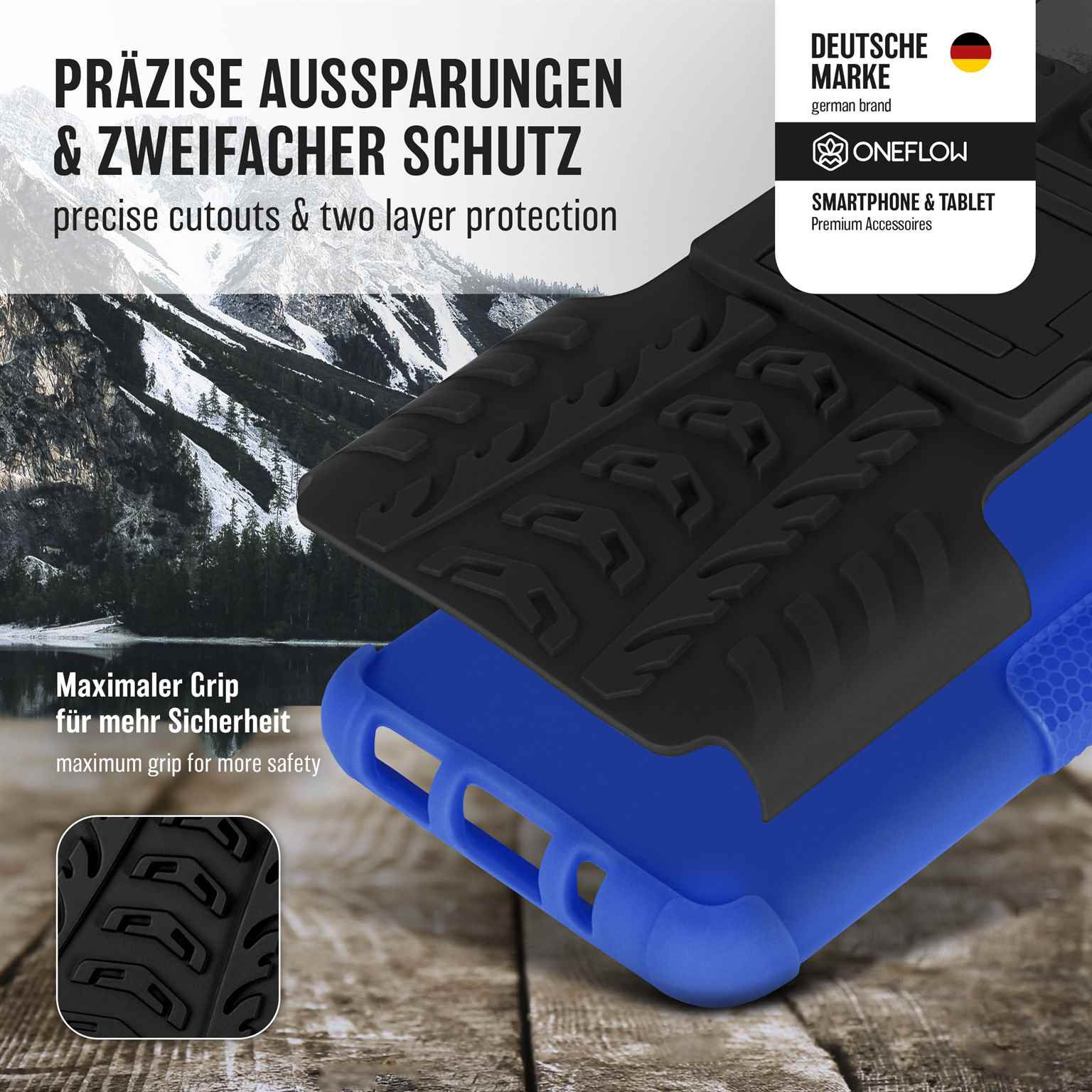 Eine blaue und schwarze Handyhülle mit Text und Berg-Hintergrund.