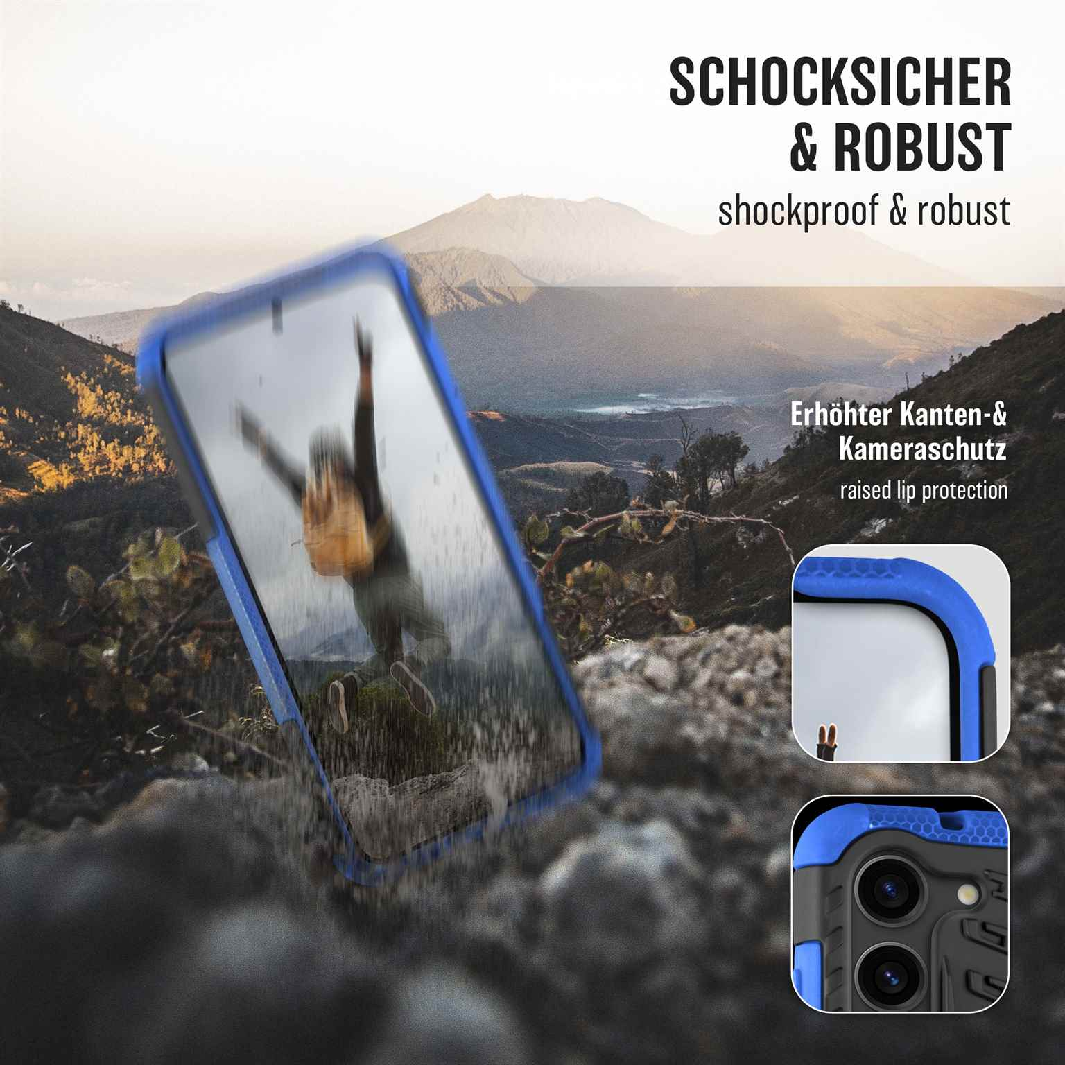 Blaue Handyhülle mit Bergkulisse. Der Text lautet stoßfest und robust.