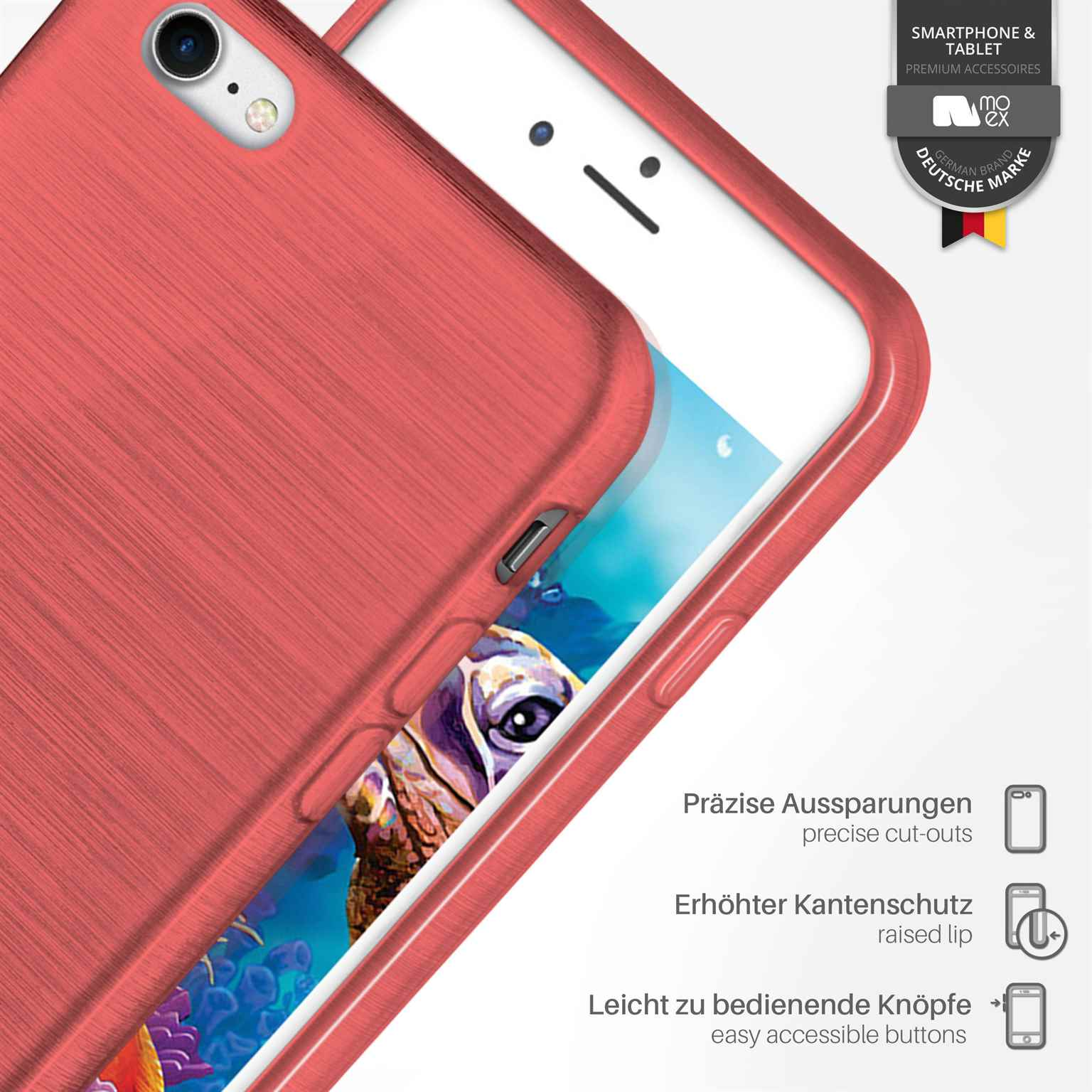 Nahaufnahme einer roten Handyhülle auf einem Handy, mit Symbolen für Ausschnitte und erhöhte Kanten.