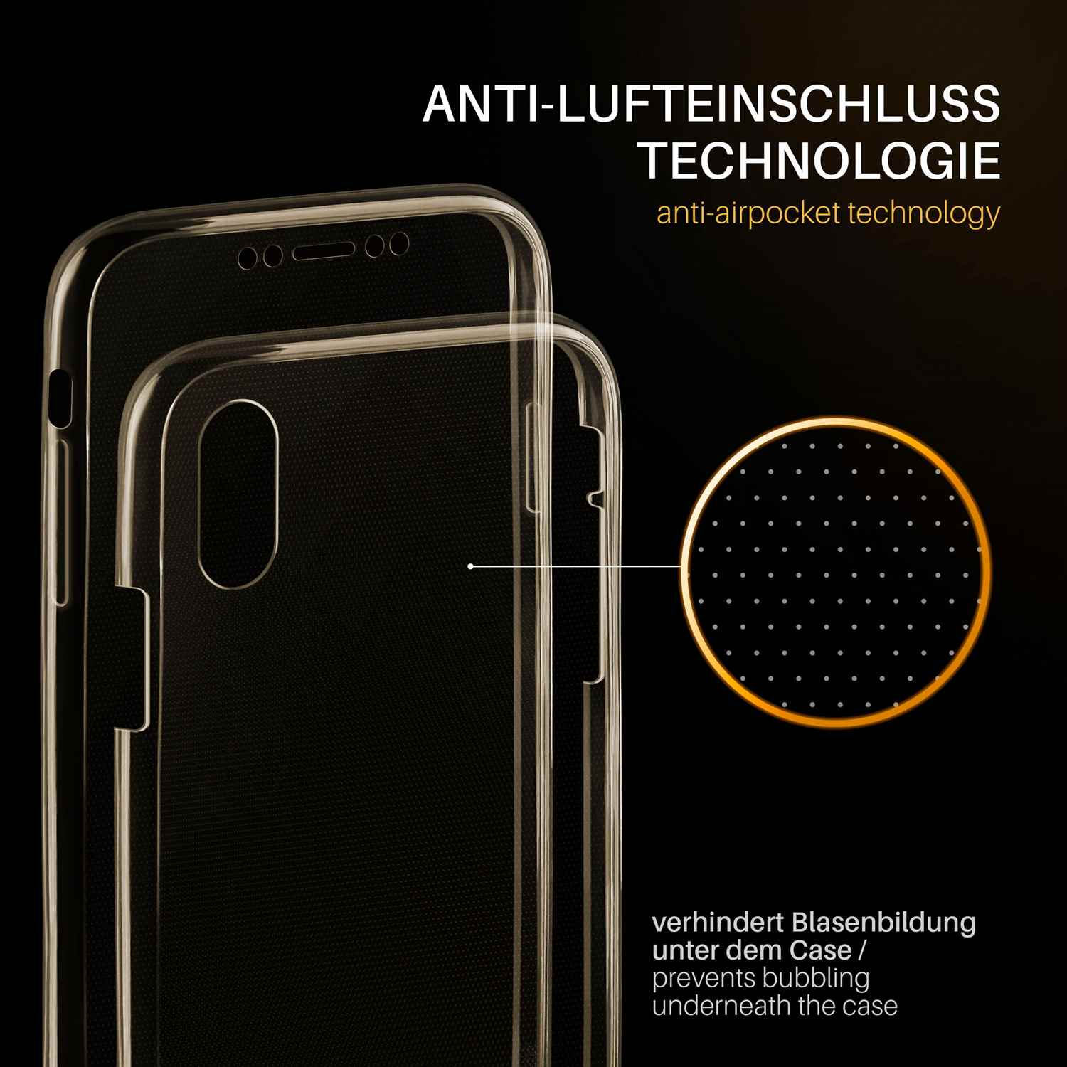 Zwei transparente Handyhüllen auf dunklem Hintergrund. Text: 'Anti-Lufteinschluss Technologie'.