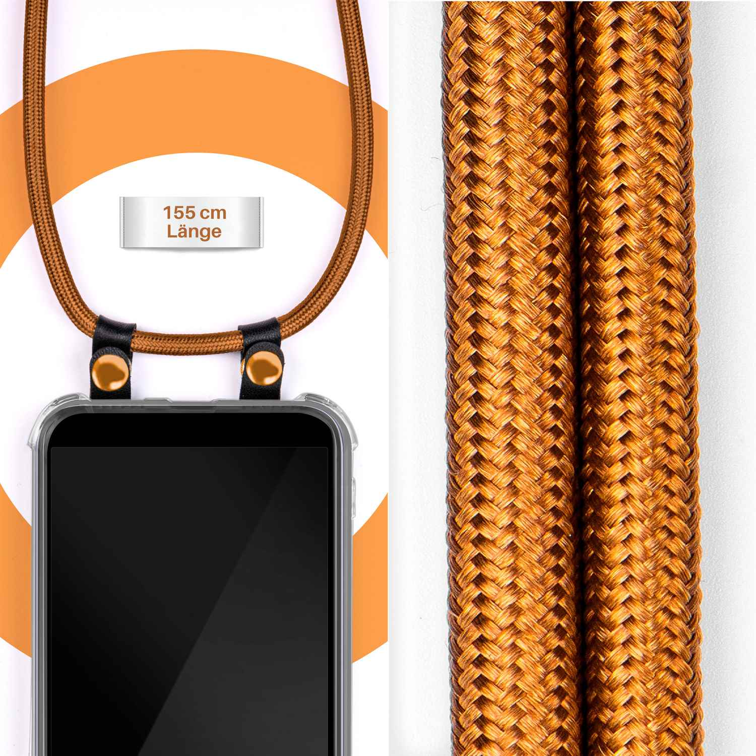 Geflochtenes Telefonkabel, braun und beige, mit goldenem Ende und Icon.