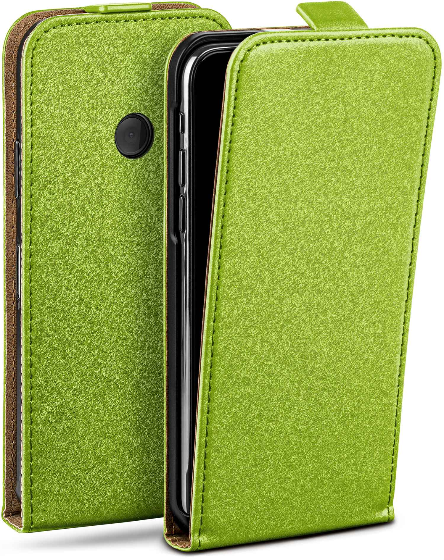 Grüne Handyhülle, offen, mit Telefon darin. Dunkelbraunes Futter. Nähte an den Rändern.