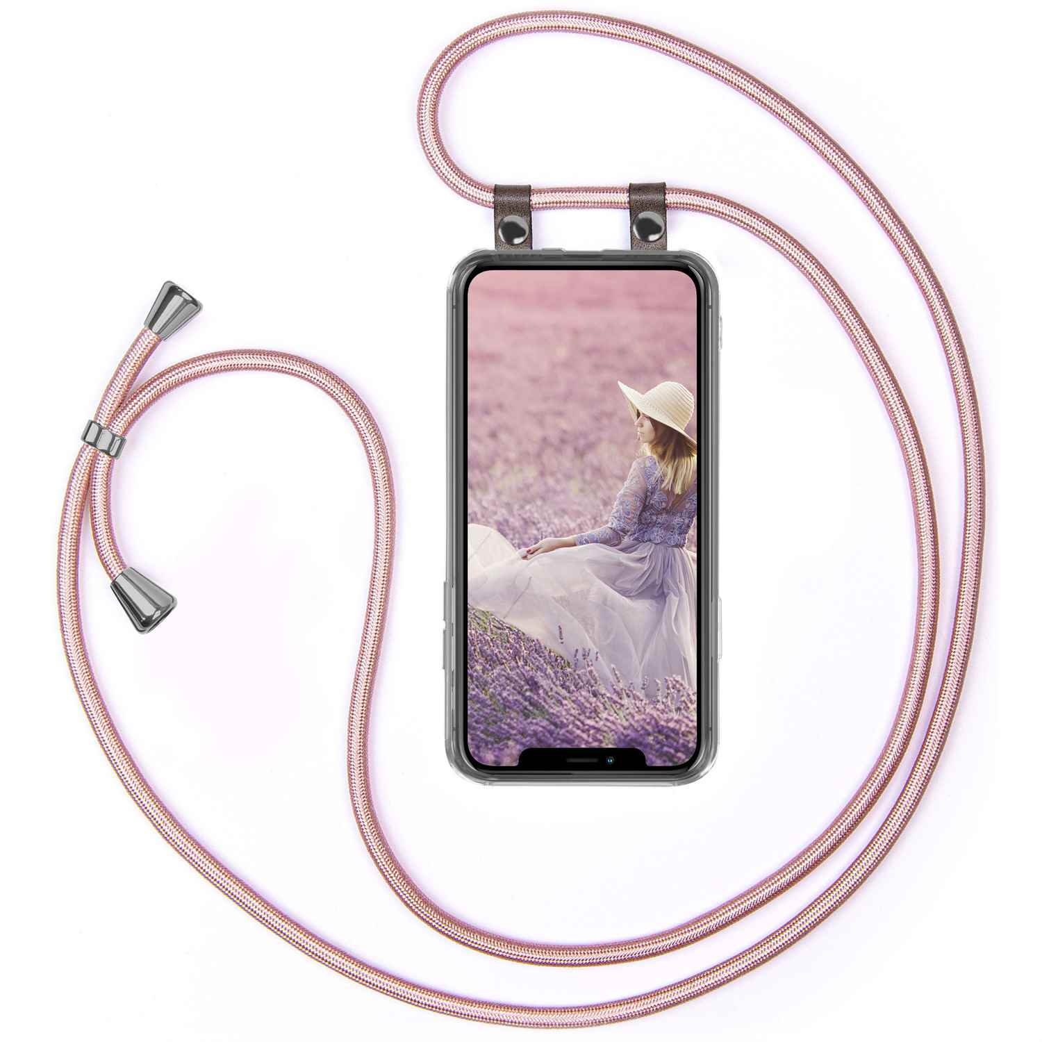 Handyhülle mit Lanyard. Telefon zeigt Frau im Lavendelfeld. Lanyard ist rosa.