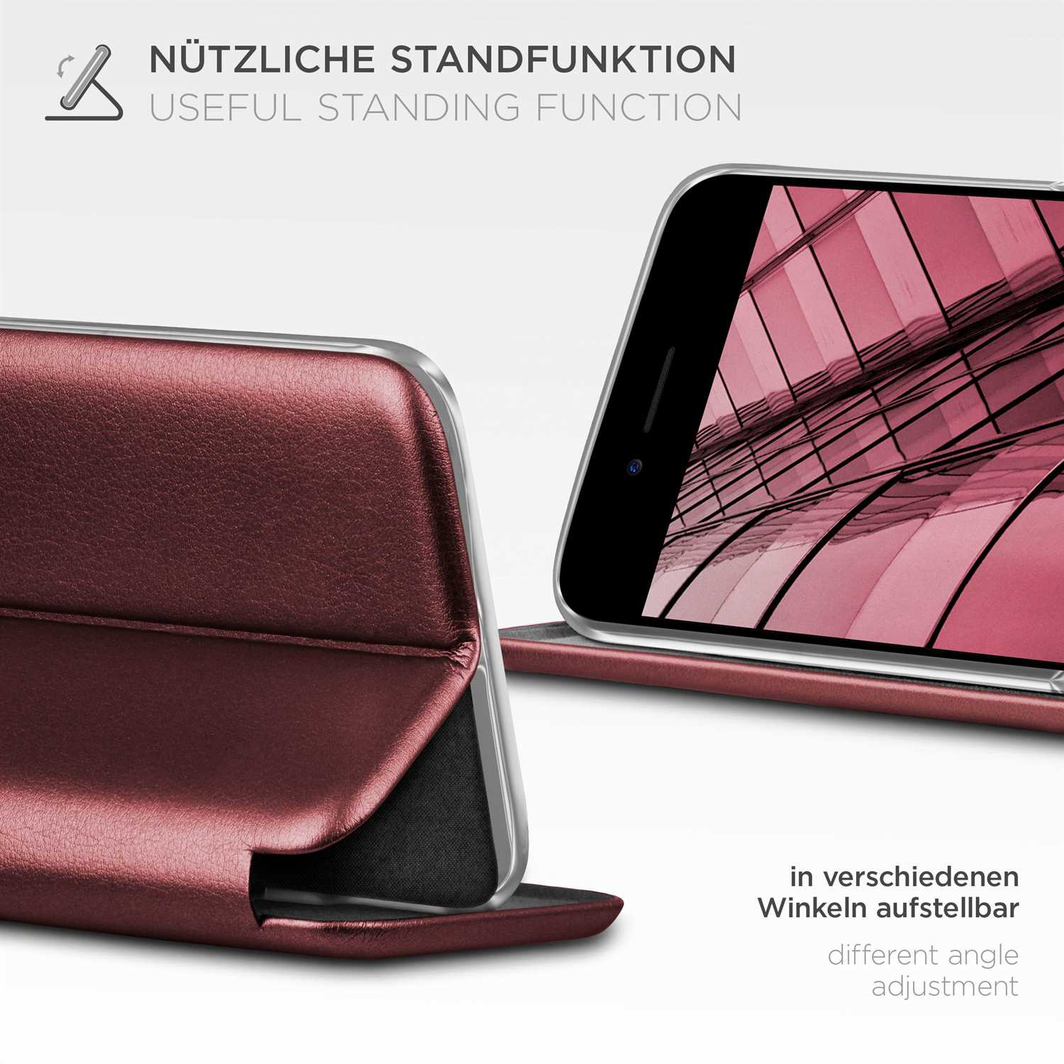 Burgunderfarbene Handyhülle geöffnet, zeigt den Bildschirm. Text 'Nützliche Standfunktion'.