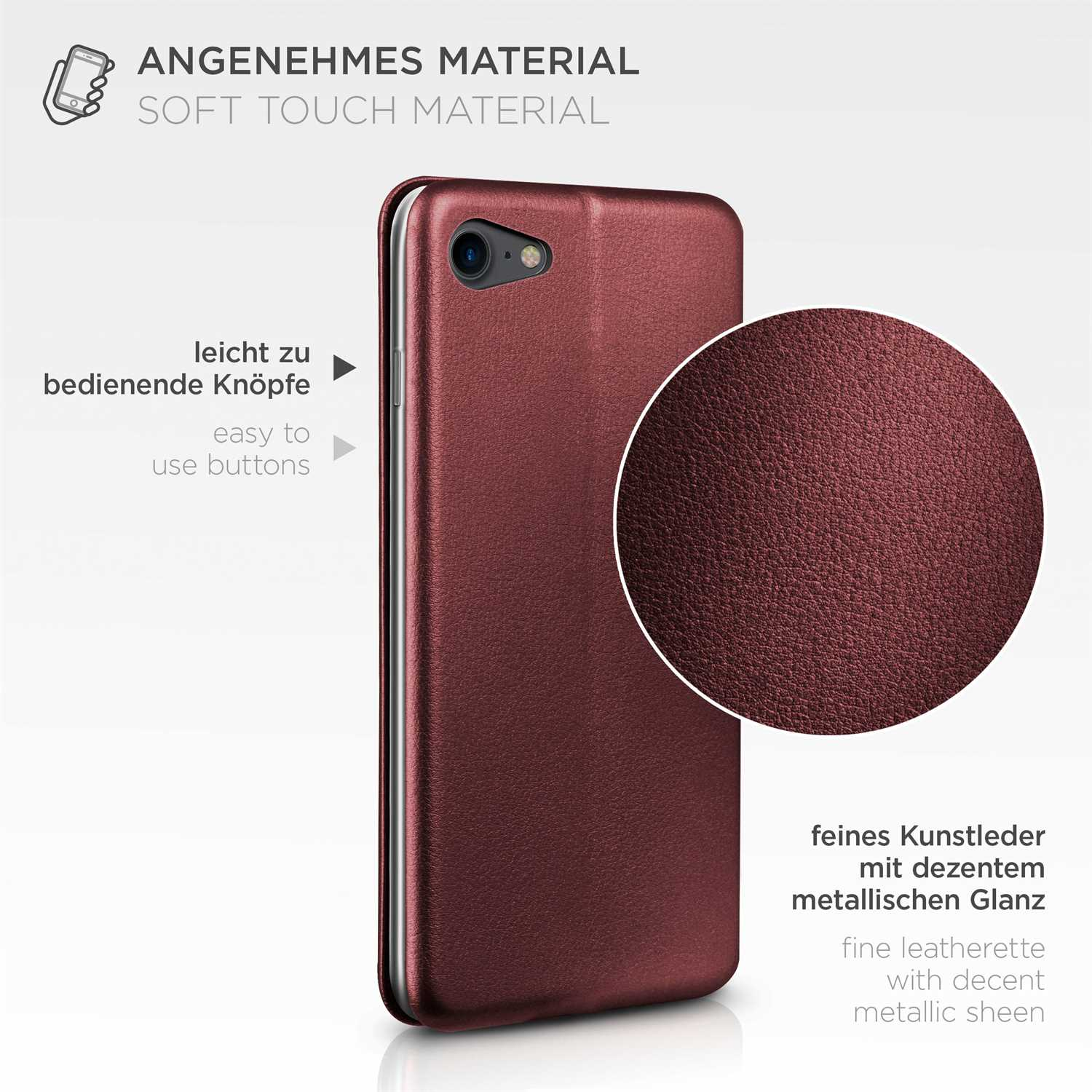 Burgunderfarbene Handyhülle mit Nahaufnahme des Materials. Text: Soft-Touch-Material. Einfach zu bedienende Knöpfe.