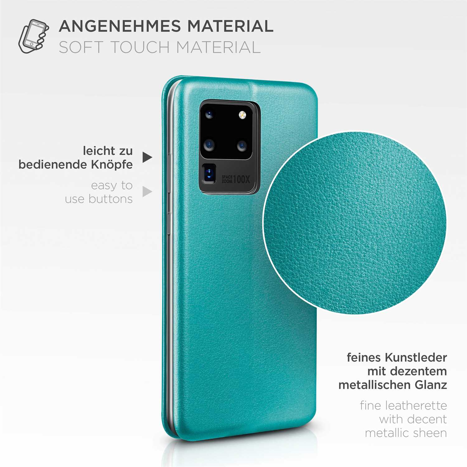 Türkisfarbene Handyhülle mit Text: Soft-Touch-Material. Knöpfe, metallischer Glanz, Kunstleder.
