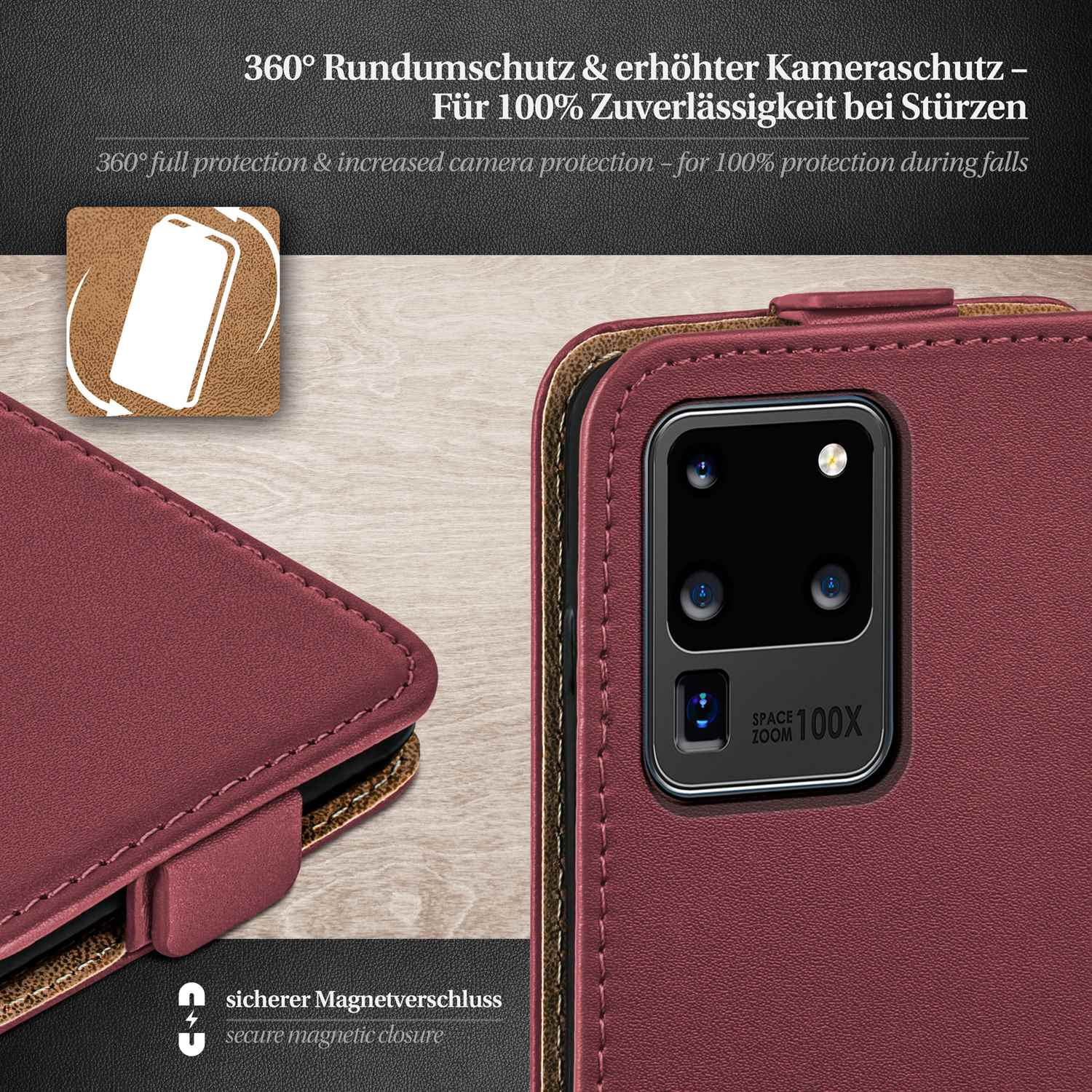 Eine weinrote Handyhülle mit Lederstruktur. Text: 360° Rundumschutz & erhöhter Kameraschutz.