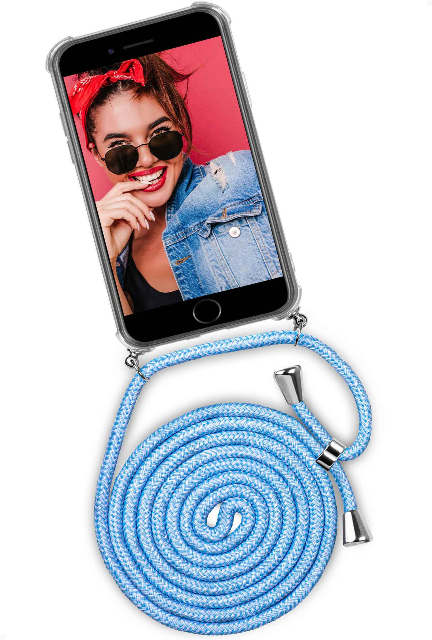 Telefon mit Foto einer Frau, blauer Riemen. Frau mit Sonnenbrille und Jeansjacke. Roter Hintergrund.