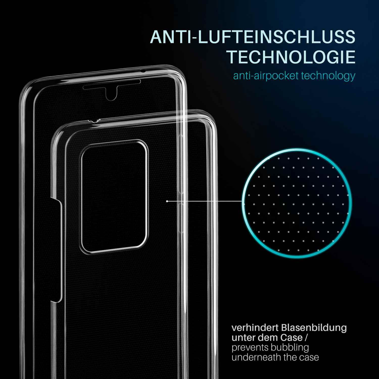 Transparente Handyhülle mit Text: Anti-Lufteinschluss Technologie. Verhindert Blasenbildung.