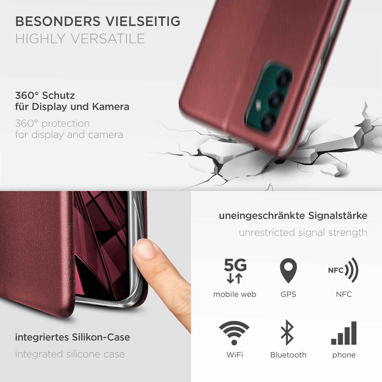 Handyhülle und Funktionen. 5G, GPS, NFC, WLAN, Bluetooth und Telefonsignal werden gezeigt.
