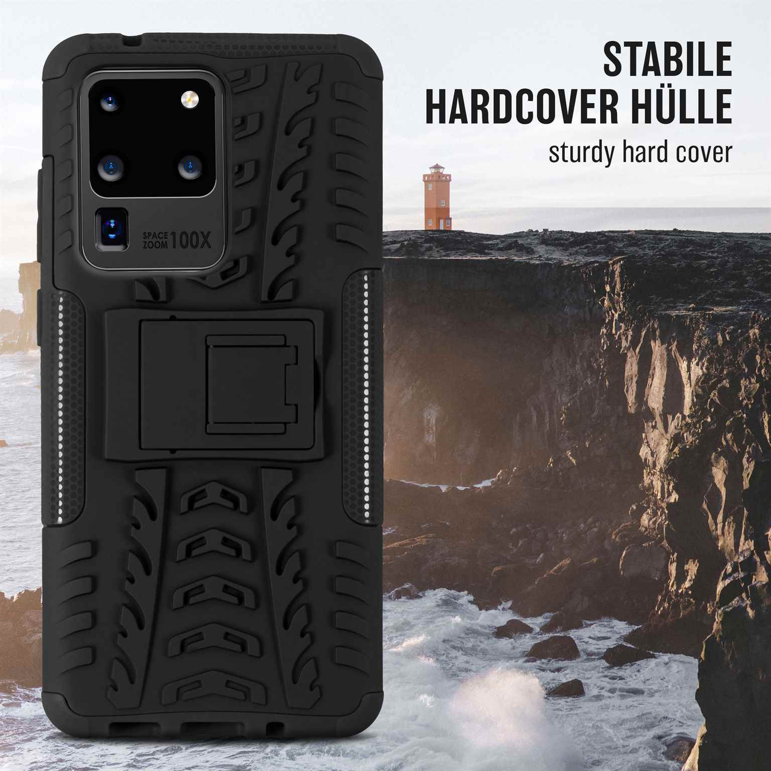 Schwarze Handyhülle vor Landschaft. Mit Ständer und Schutzdesign.