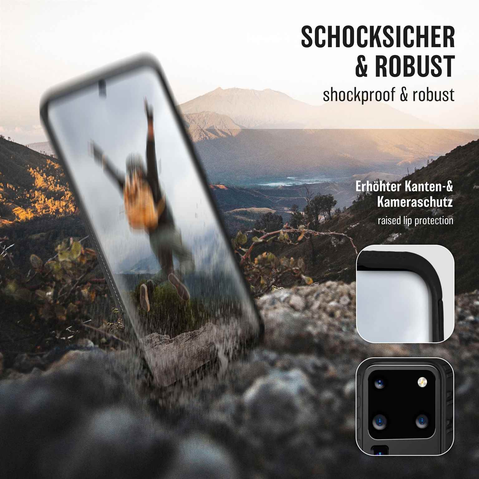 Schwarzes Smartphone in einer robusten Hülle, mit Bergpanorama und Produktdetails.