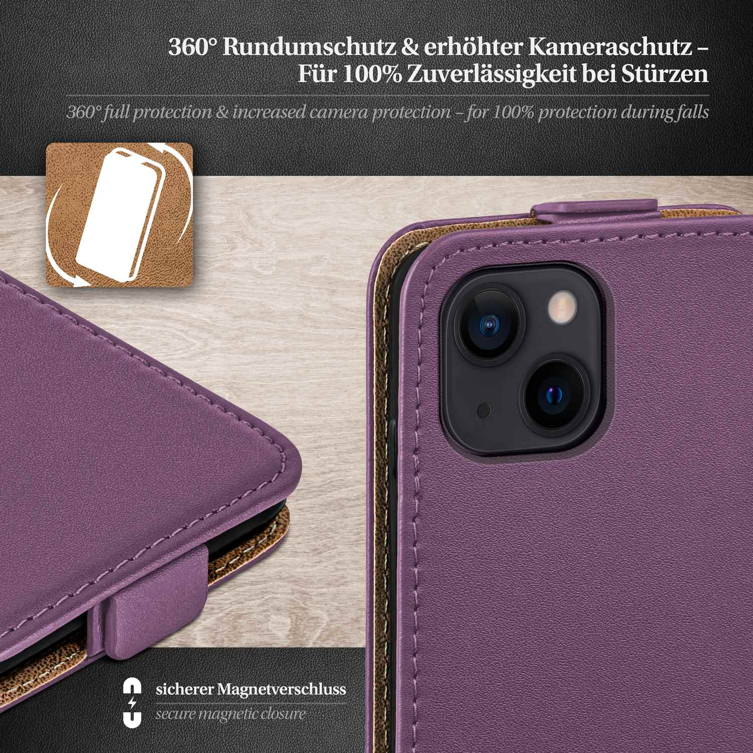 Lila Handyhülle mit Magnetverschluss und Schutzdesign. Inklusive Kameraschutz.