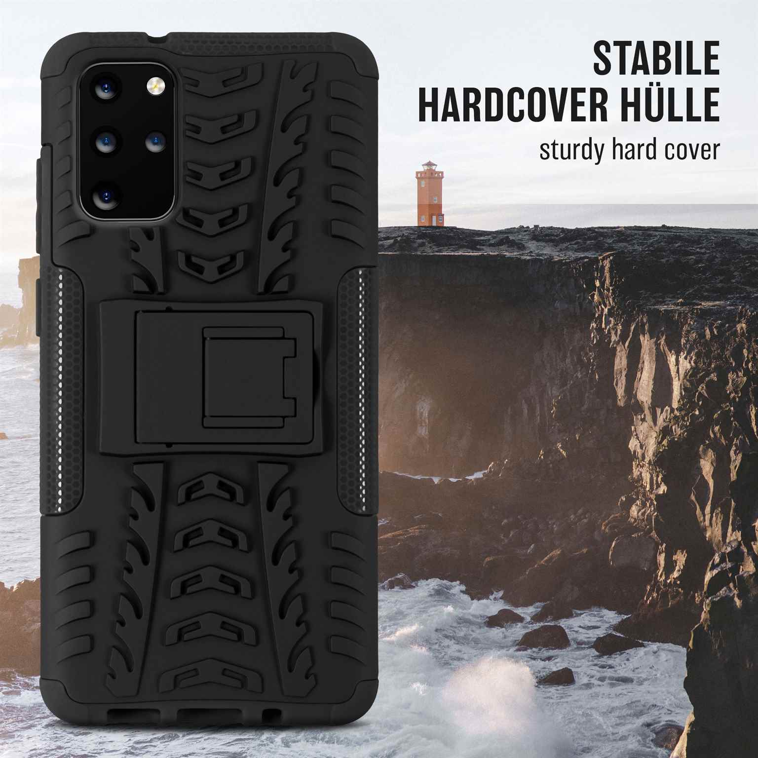 Schwarze Telefonhülle, robustes Design, Ständer, Landschaftsansicht mit Küstenhintergrund.