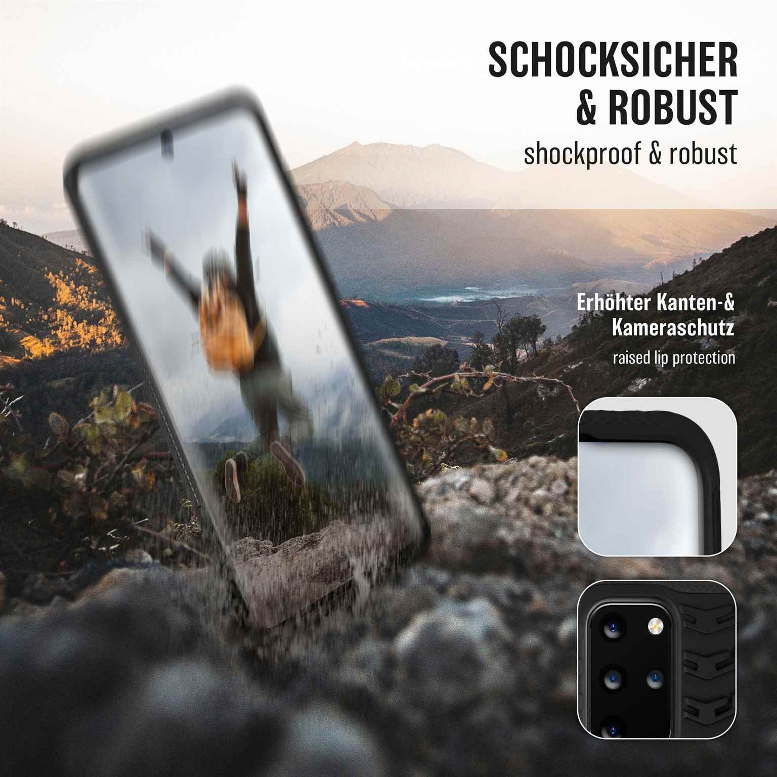 Telefon im Case, Berglandschaft und Text, der stoßfeste und robuste Eigenschaften hervorhebt.