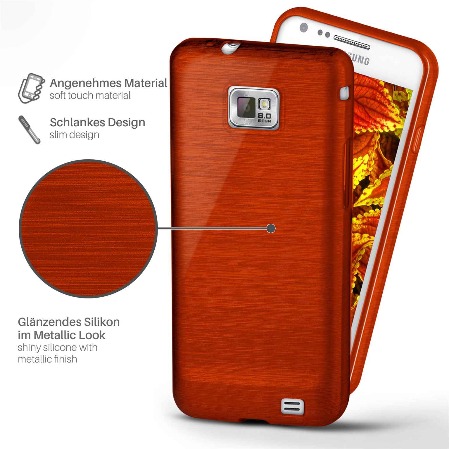 Eine Handyhülle mit Holzmaserungsdesign und einem Telefon darin. Der Hintergrund ist weiß.
