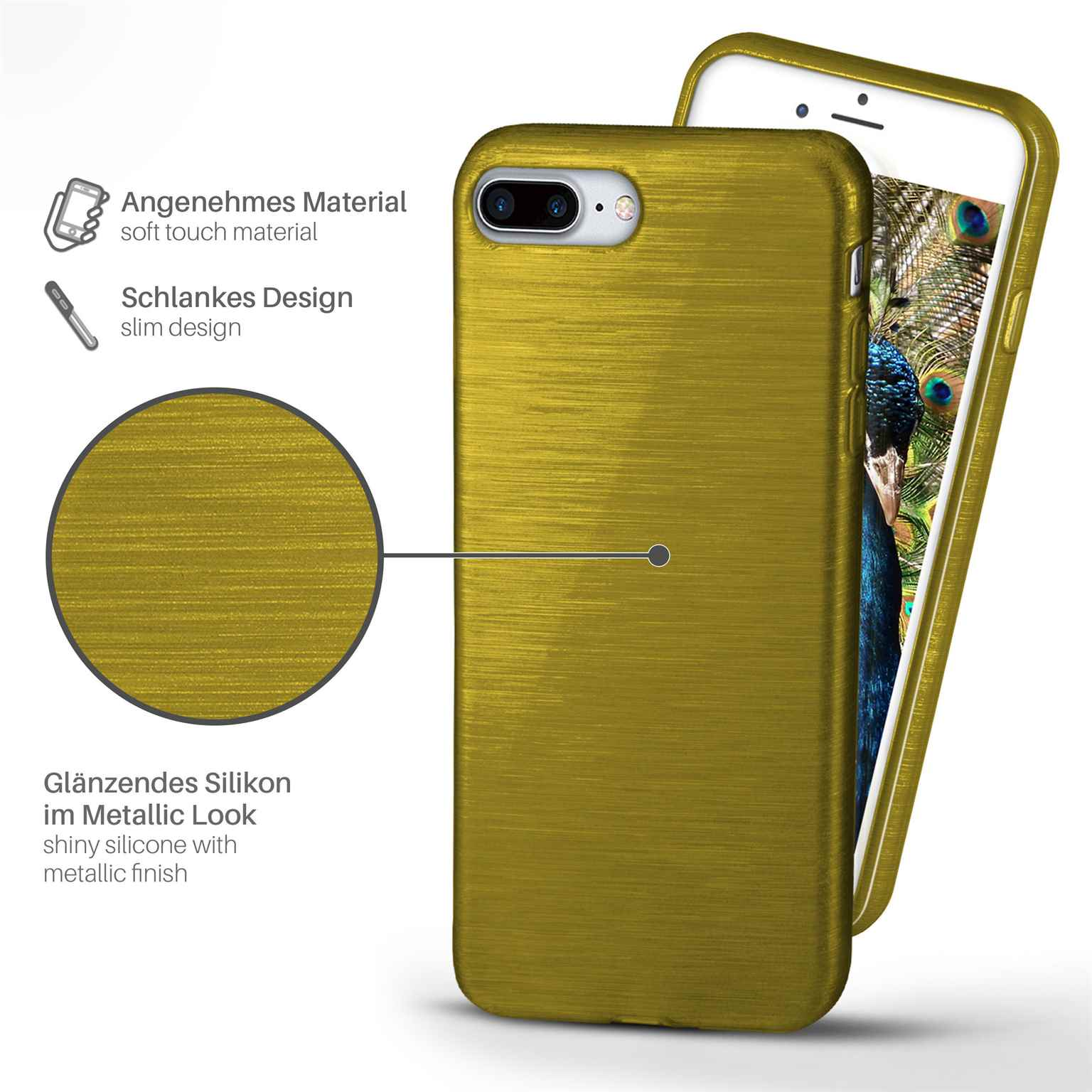 Ein Telefon in einem goldenen Gehäuse mit einem Pfauenbild auf dem Telefonbildschirm. Der Hintergrund ist eine weiße Oberfläche.