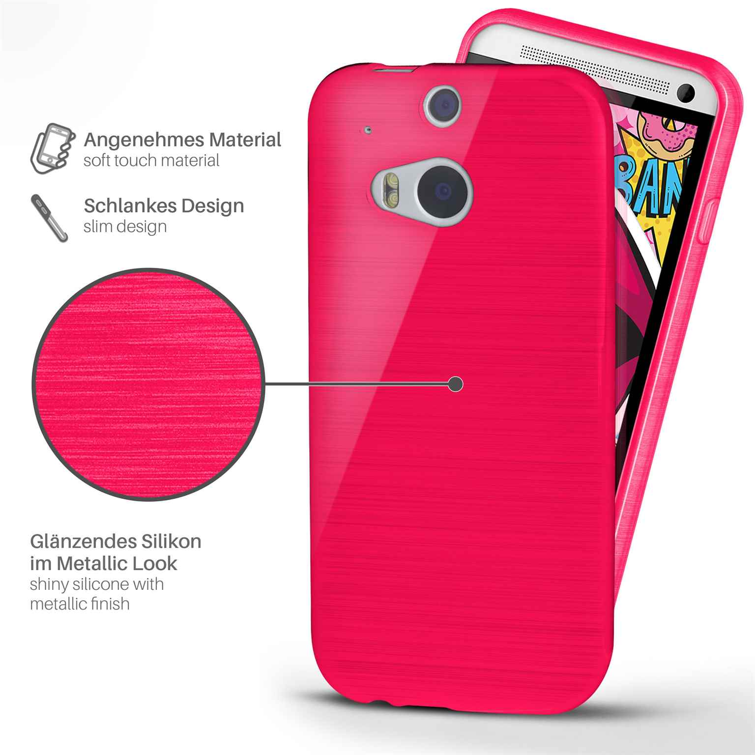 Eine pinkfarbene Handyhülle mit Metallic-Look. Text links beschreibt Eigenschaften.