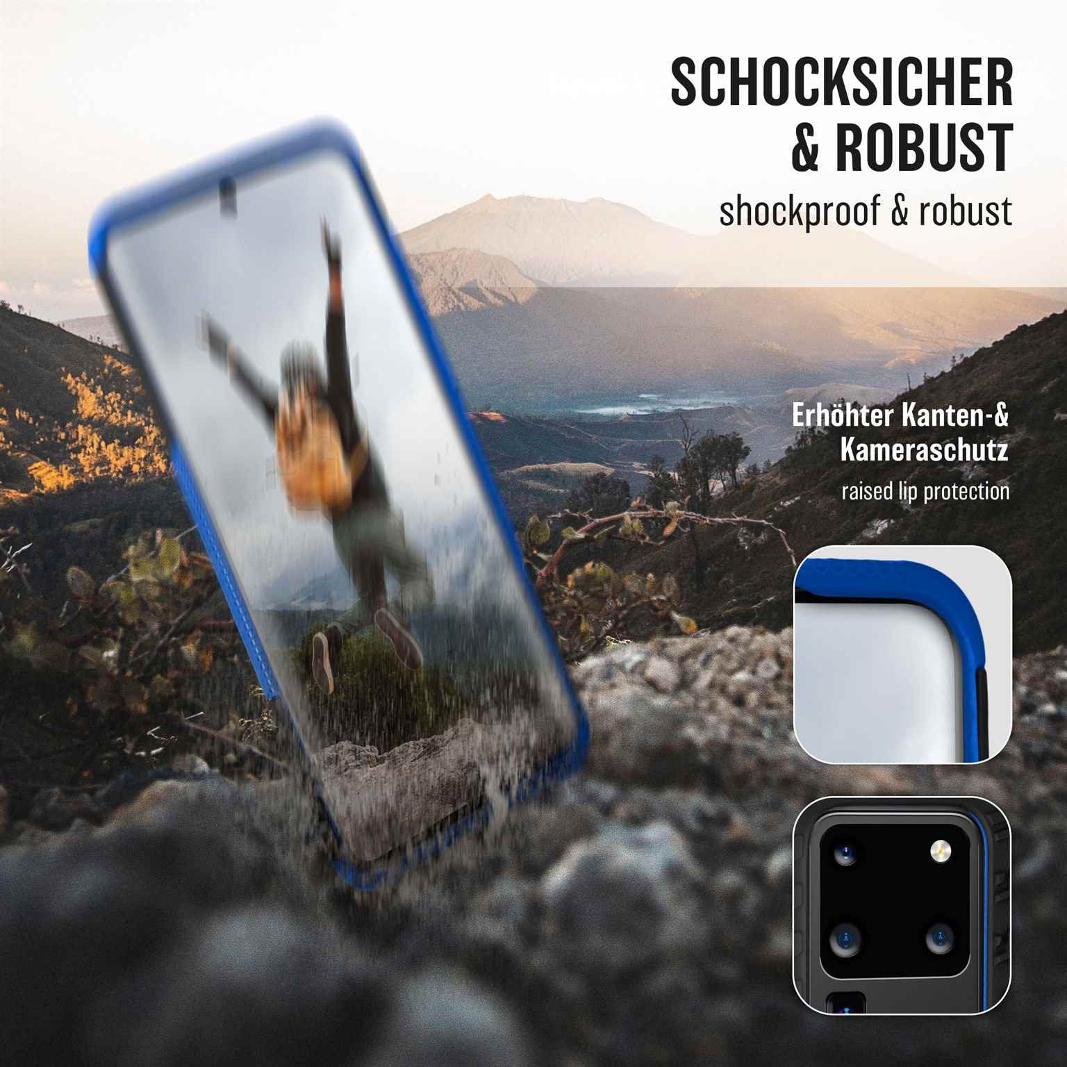 Eine blaue Handyhülle, ein Landschaftsbild und die Worte stoßfest und robust.
