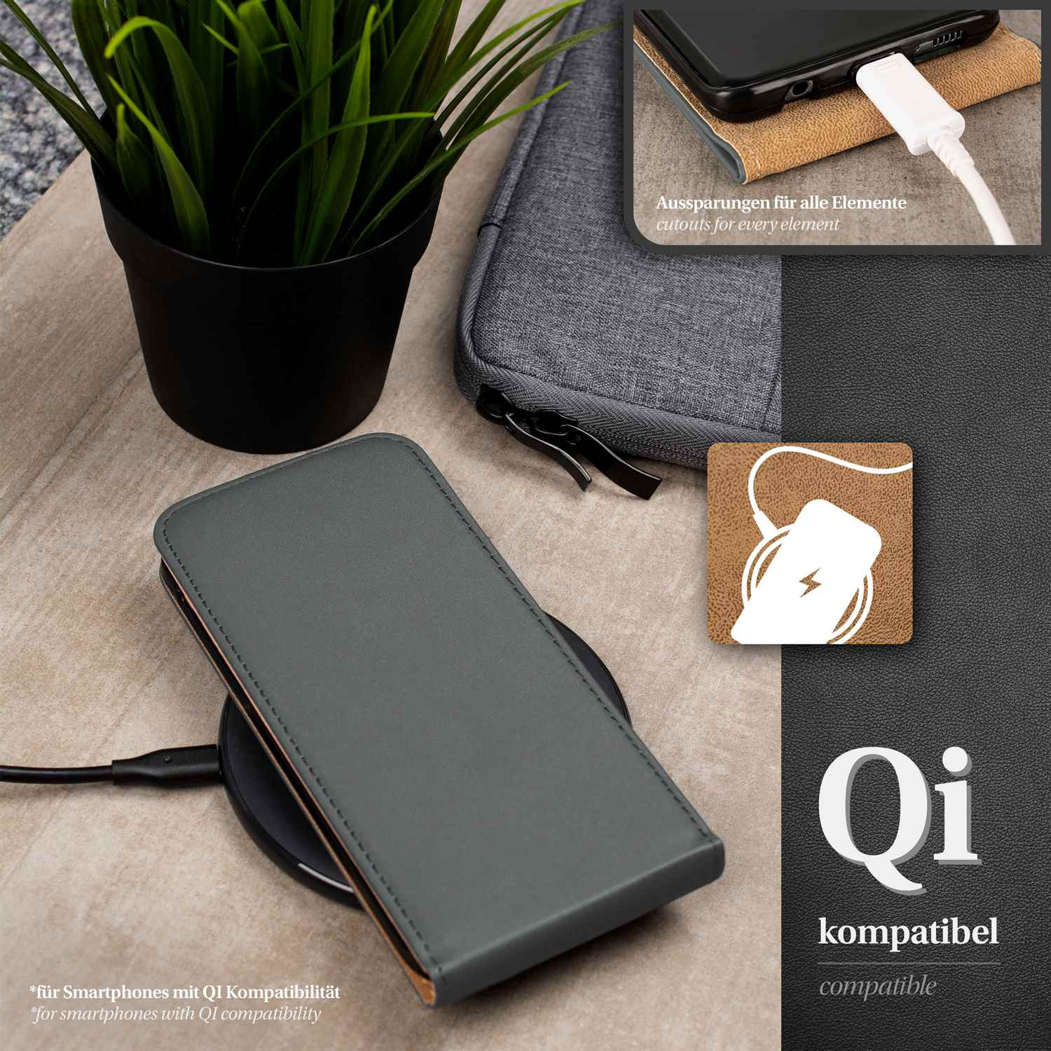 Handyhülle auf kabellosem Ladegerät, mit Pflanze und Zubehör. Text über Qi-Kompatibilität.