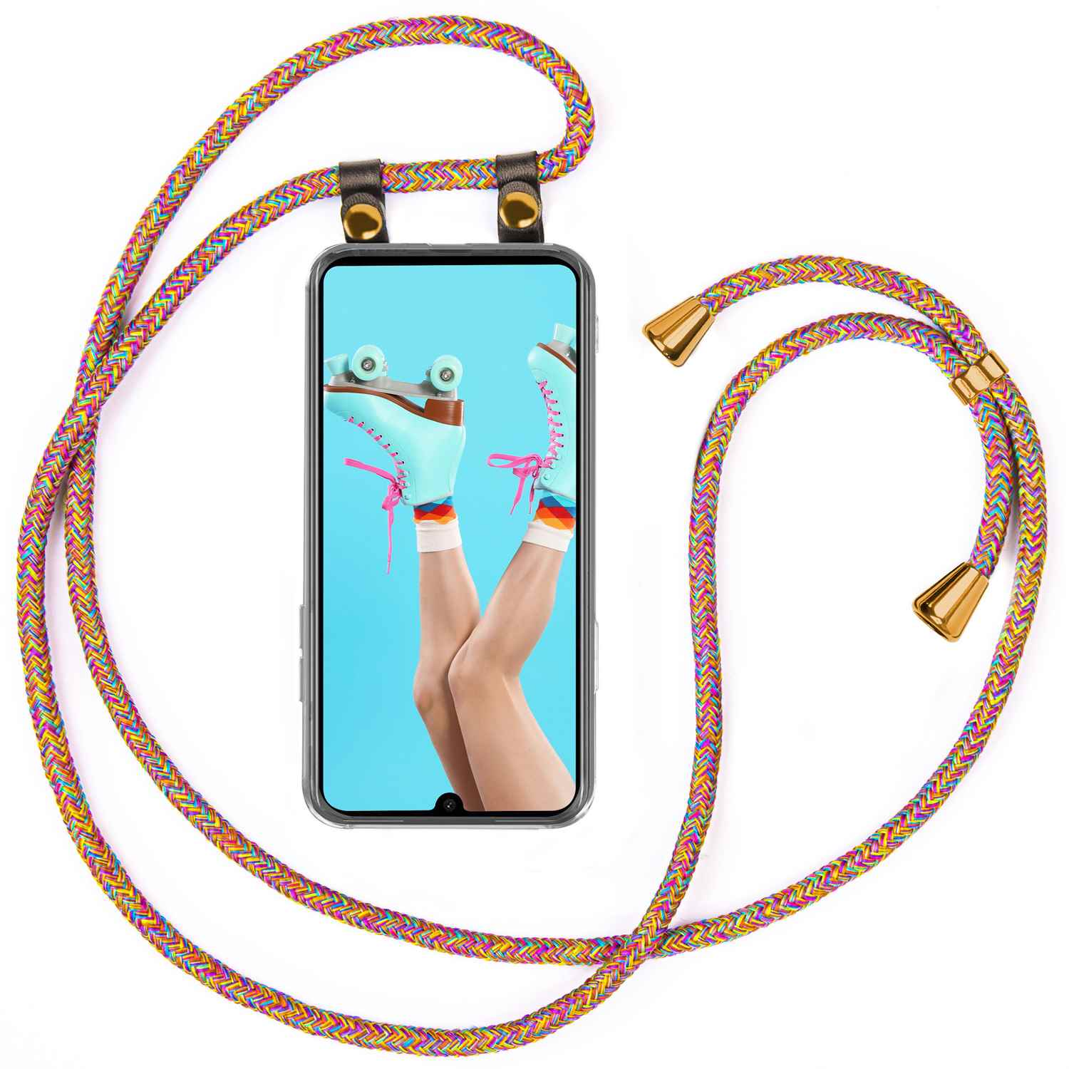 Handyhülle mit Rollschuhbild und Regenbogen-Seil. Das Seil ist aufgerollt.