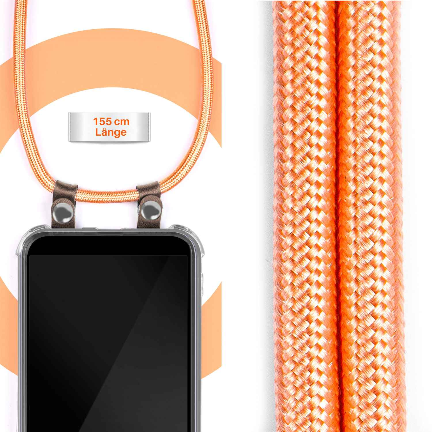 Ein Telefon mit orangefarbenem Riemen und einem Etikett mit 155 cm Länge.