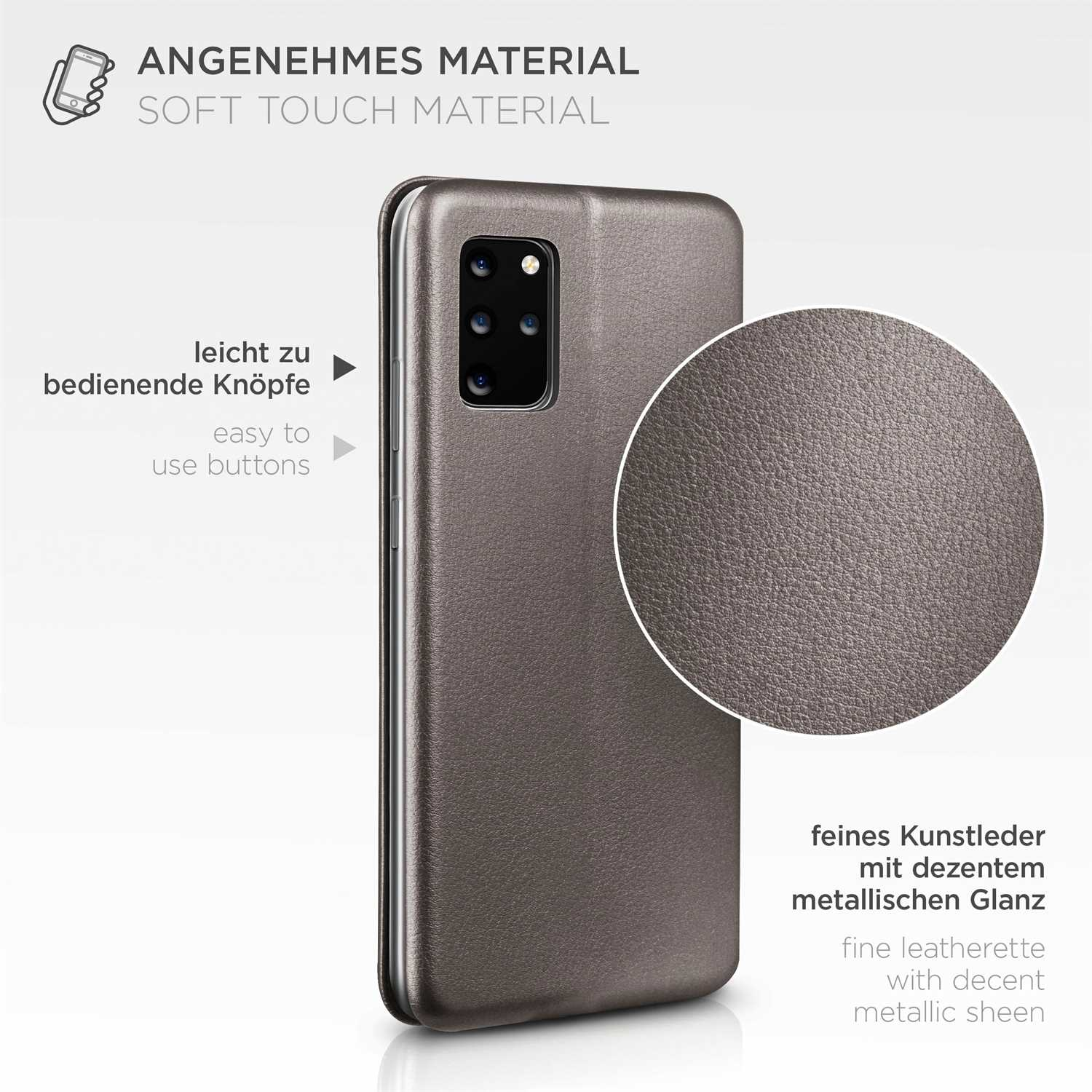 Telefon in grauem Case mit weichem Material, einfachen Knöpfen und Nahaufnahme der Textur.