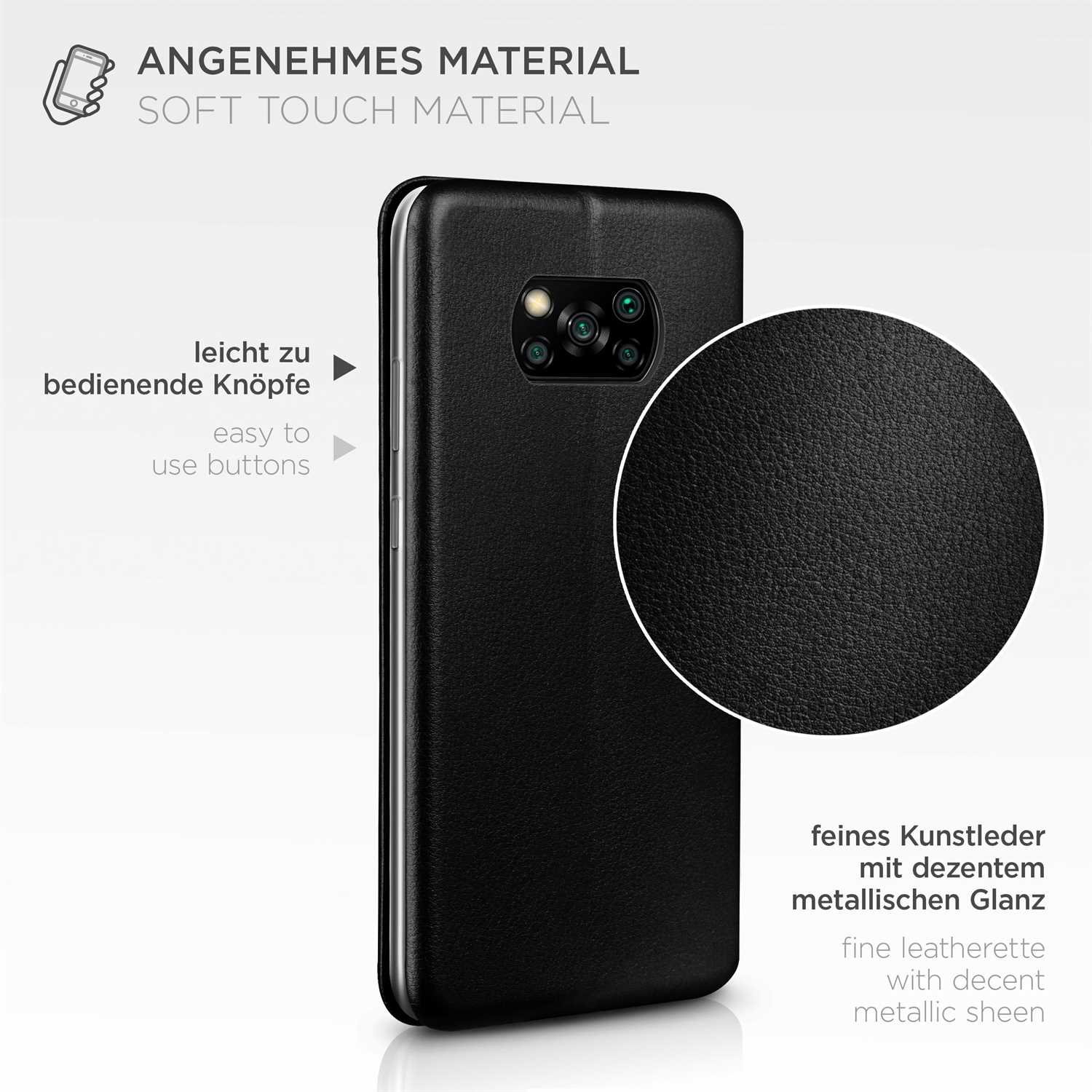Schwarze Handyhülle mit detaillierter Lederstruktur. Es hat einfach zu bedienende Tasten.