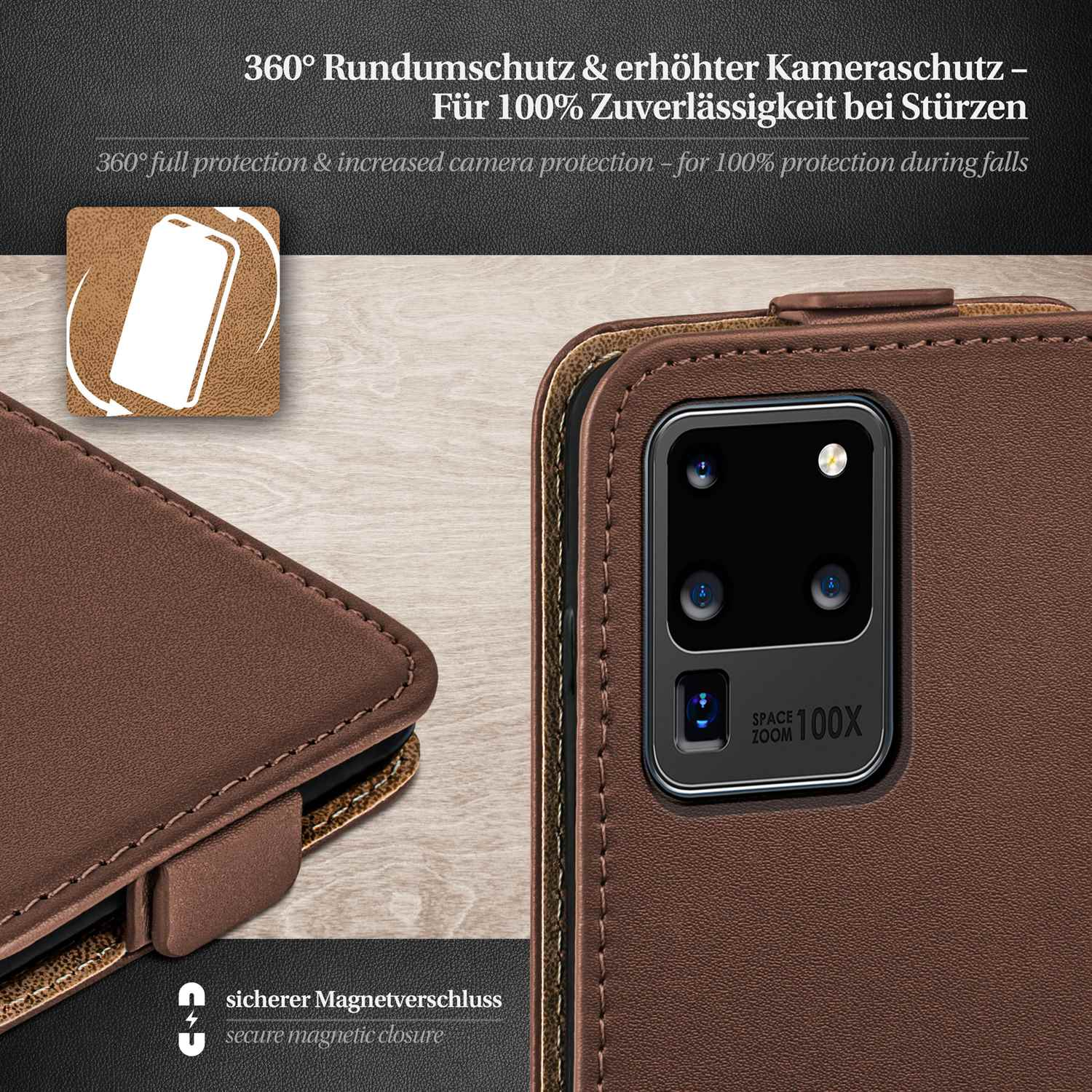 Braune Handyhülle mit Text über 360° Schutz und sicheren Magnetverschluss.