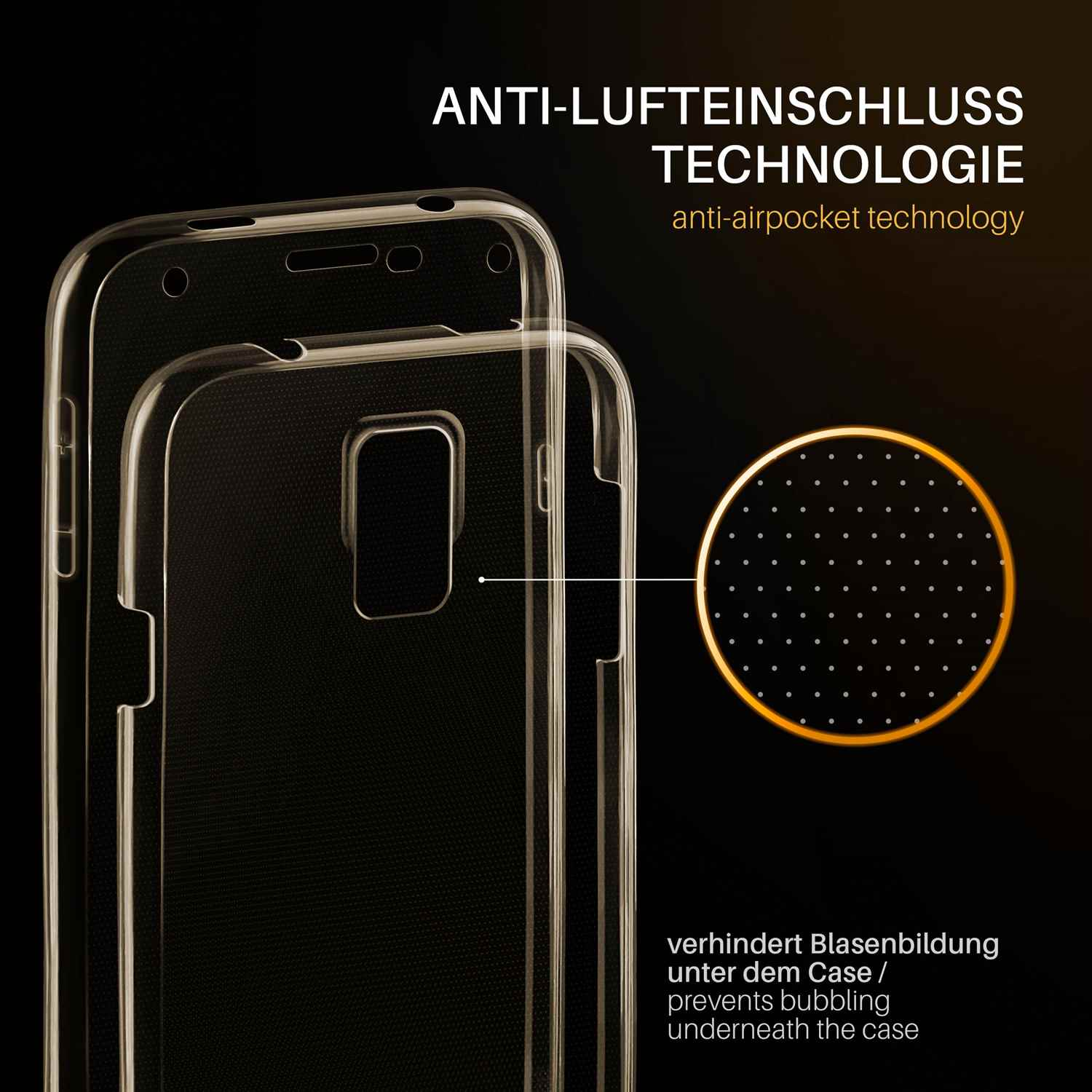 Nahaufnahme einer Handyhülle. Die Hülle ist klar und zeigt ein Technologie-Diagramm und Text.