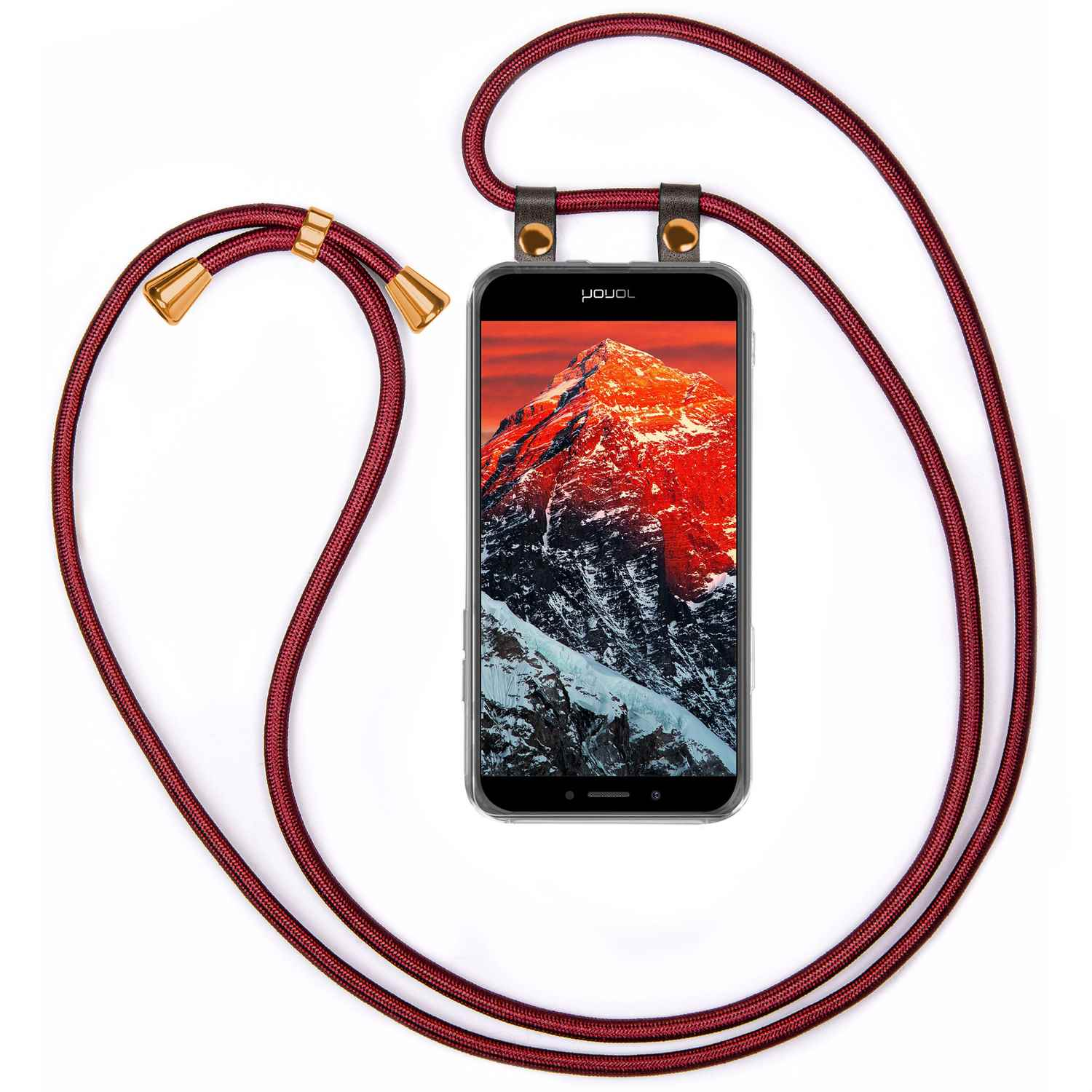 Telefon mit Berg, weinrotes Schlüsselband.