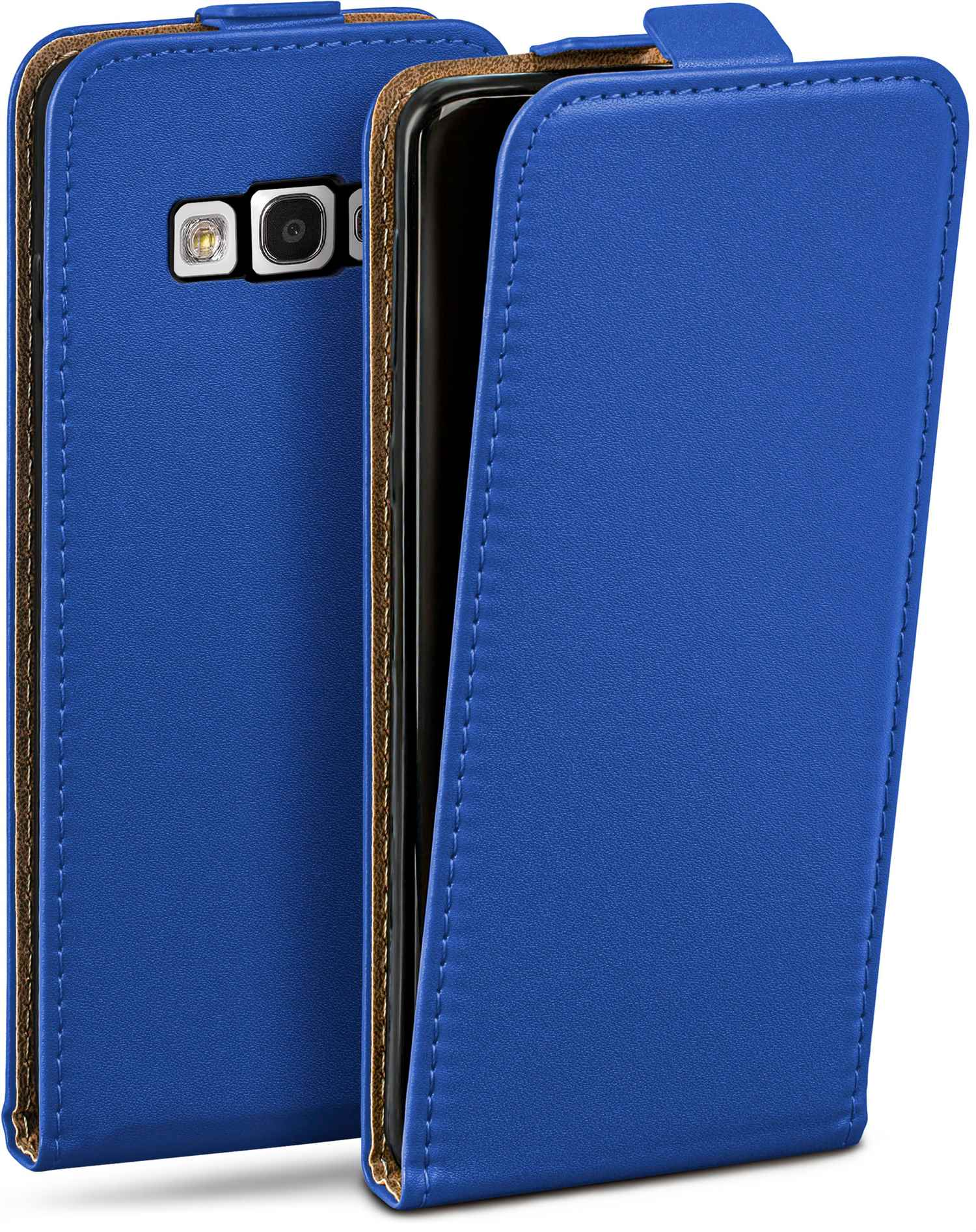 Blaue Handyhülle, geöffnet. Das Telefon ist schwarz. Braune Innenhülle.