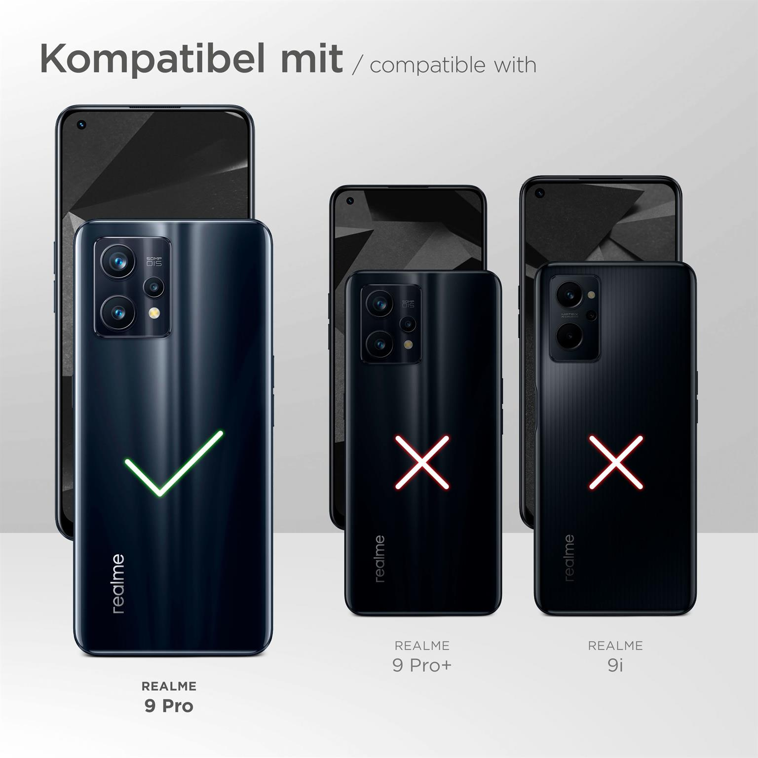 Bild von Telefonen und Text. Realme 9 Pro ist kompatibel, andere nicht.