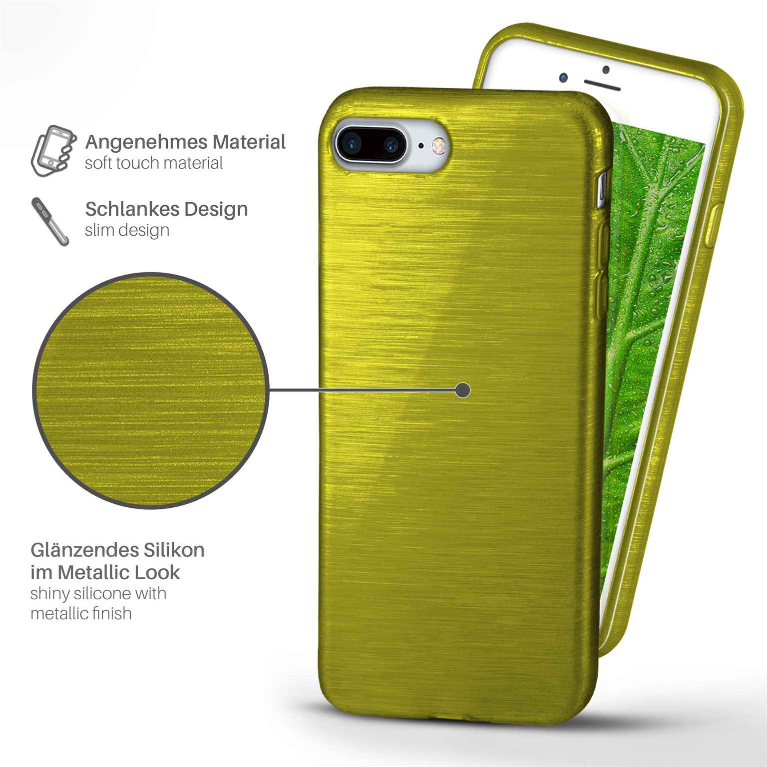 Eine gelbe Handyhülle mit einem Telefon darin. Text: glänzendes Silikon mit Metallic-Finish.