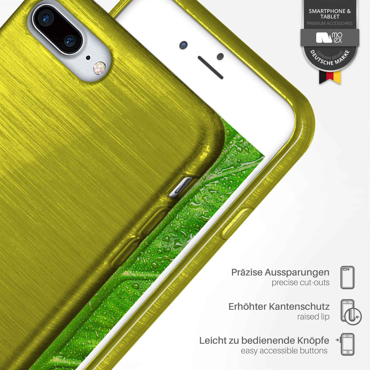 Goldene Handyhülle mit Telefon darin. Text über Aussparungen und erhöhten Lippenschutz ist sichtbar.