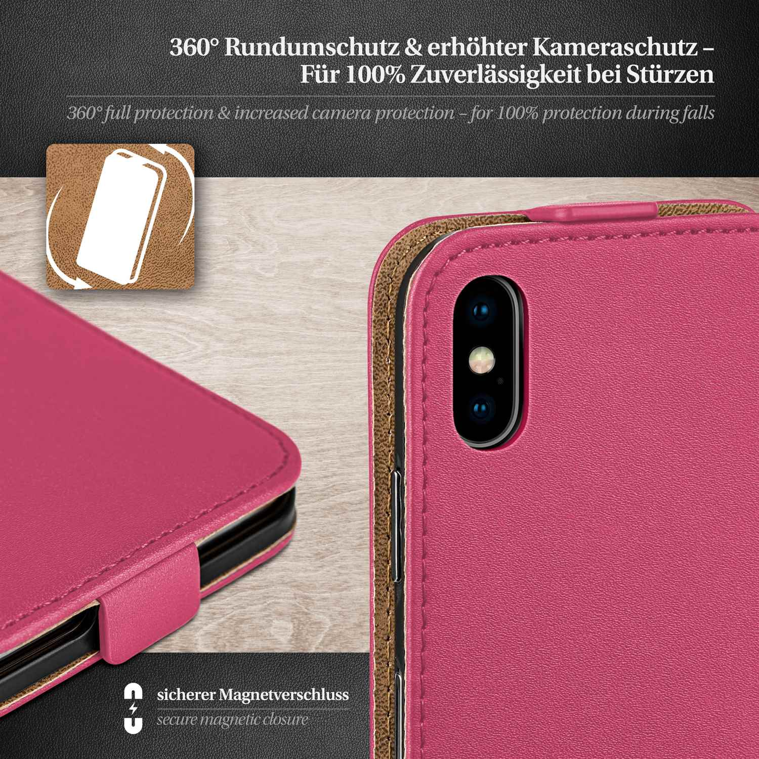 Nahaufnahme einer pinkfarbenen Handyhülle. Die Hülle ist geöffnet und zeigt das Telefon im Inneren.