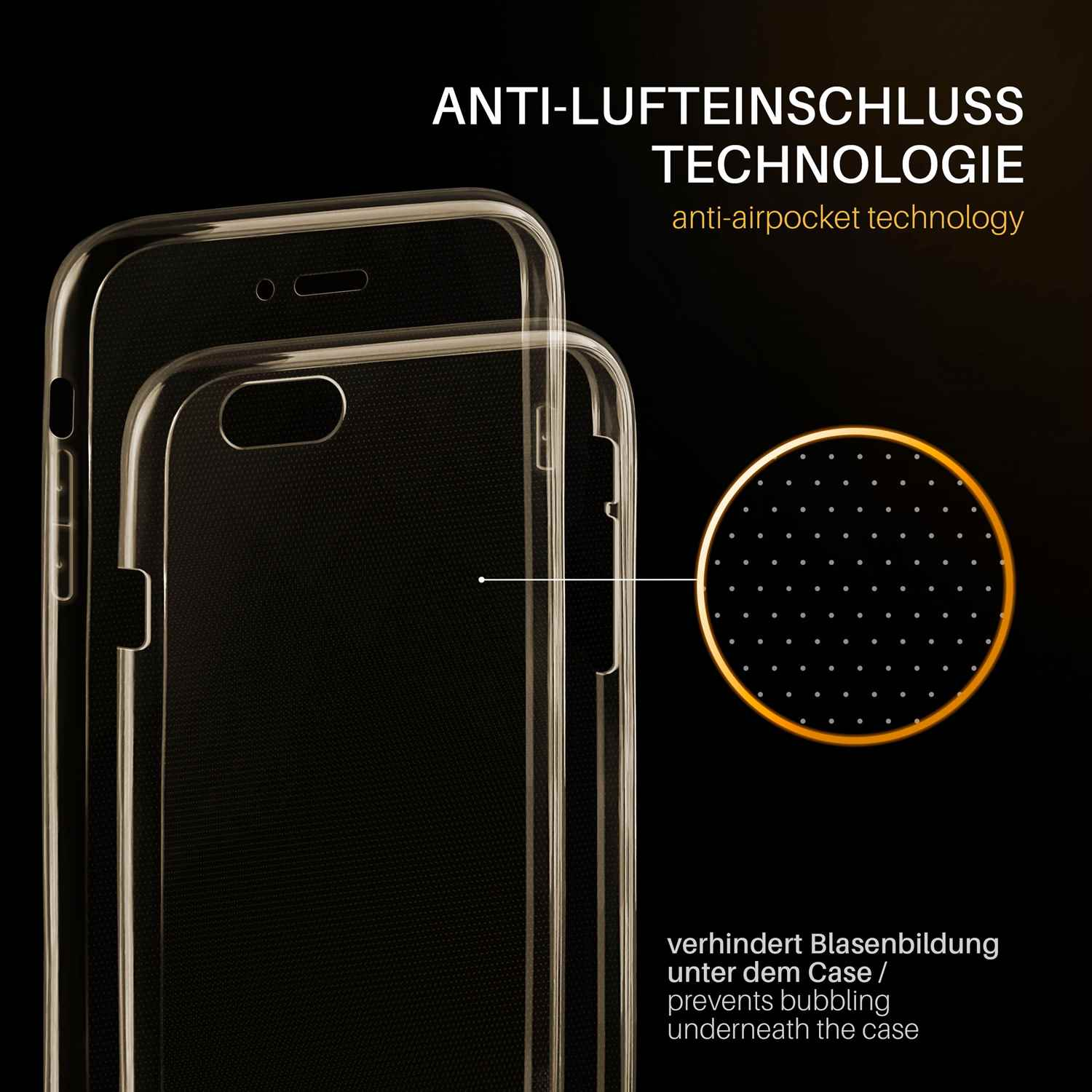 Zwei durchsichtige Handyhüllen mit kleinen Punkten, die Anti-Lufttaschen-Technologie bewerben.