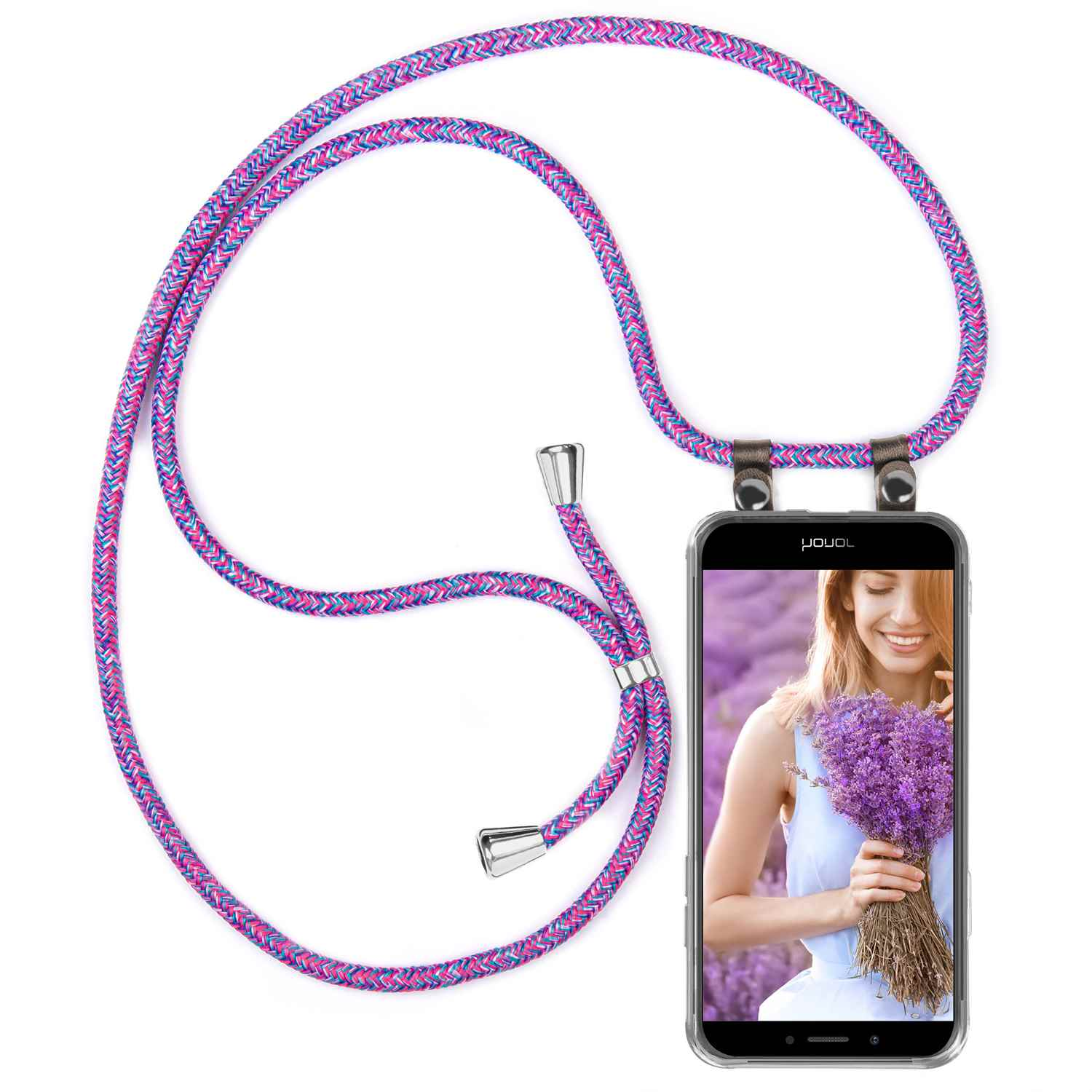 Telefon mit Frau und Blumen, hängt an lila-blauem Kabel mit Silber.