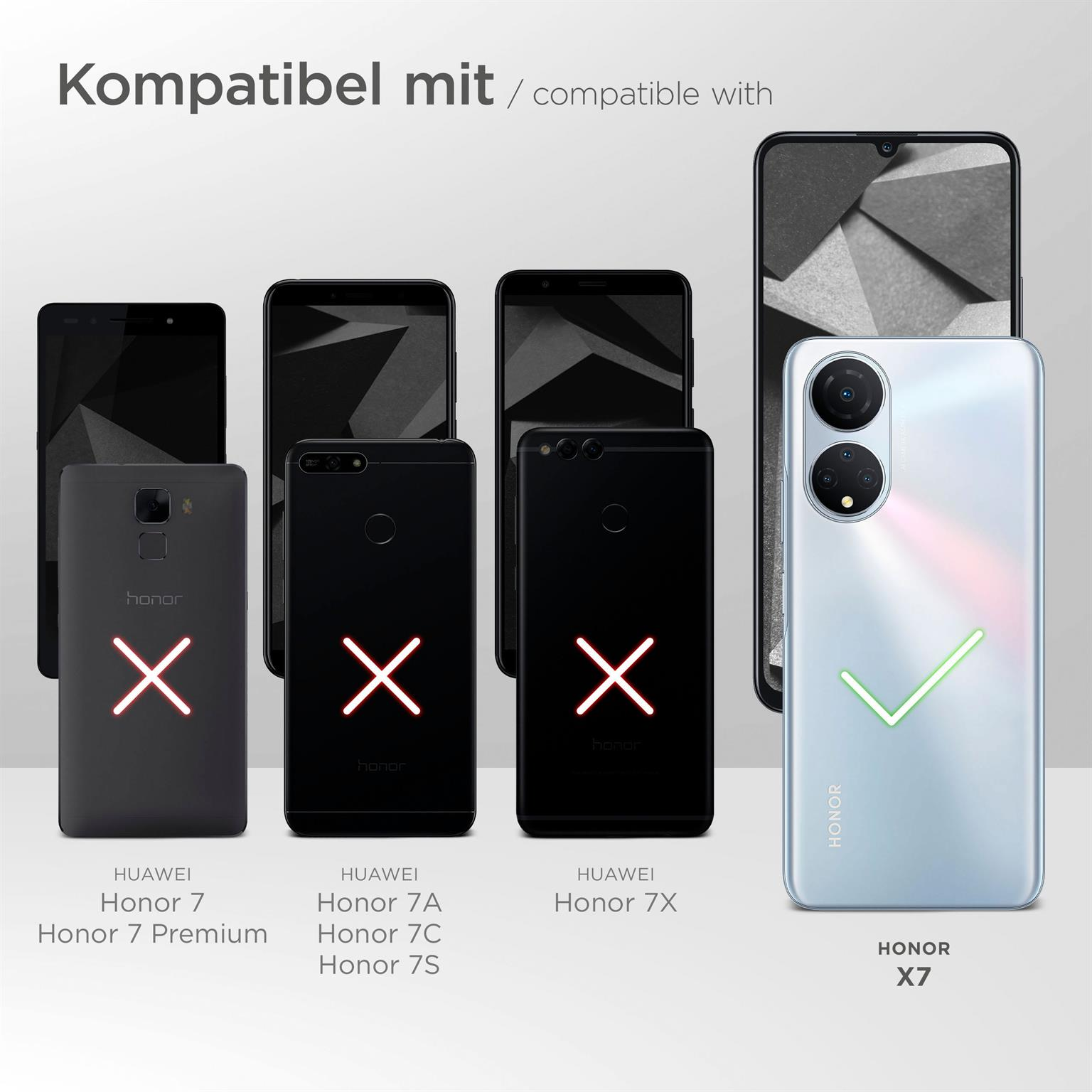 Vergleich von Telefonen, mit dem Text 'Kompatibel mit' und 'Honor X7' hervorgehoben.