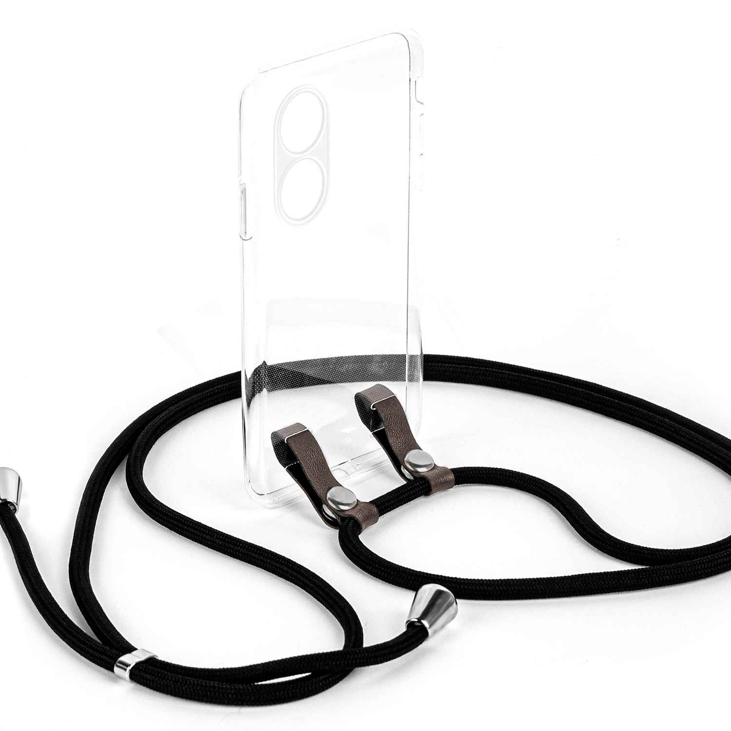 Schwarzer Telefonriemen mit transparenter Hülle. Braune Lederbefestigungen.