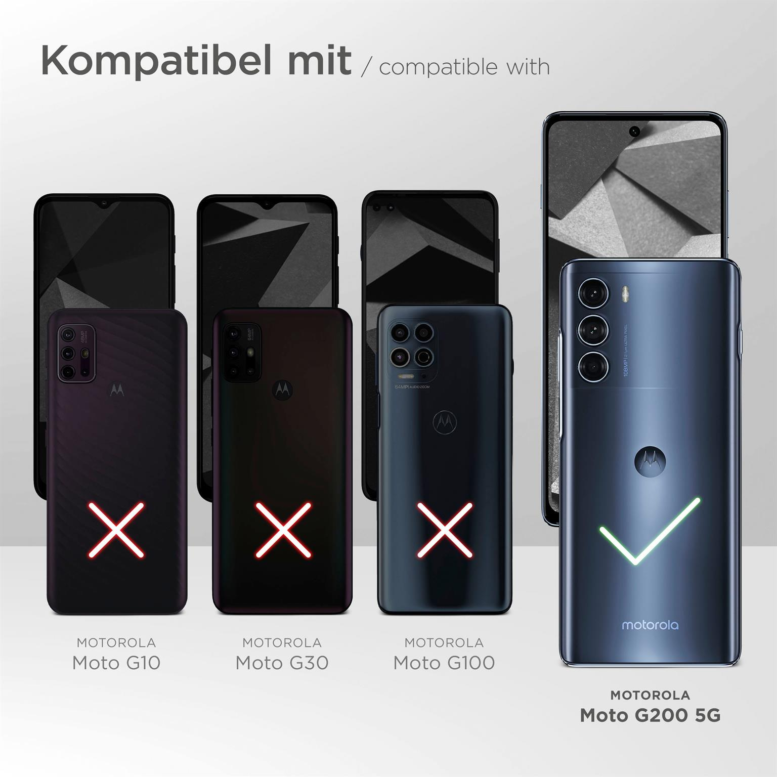 Bild zeigt verschiedene Motorola-Telefone. Nur Moto G200 5G ist kompatibel, andere zeigen rotes X.